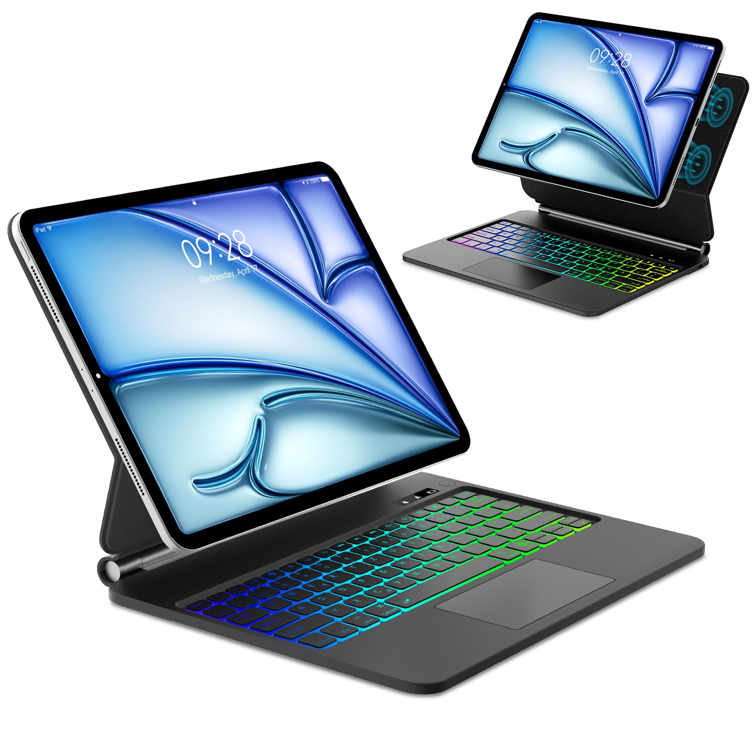 SENGBIRCH Magic Keyboard für iPad Air 13" M4 2026/M3 2025/M2 2024 | Deutsches QWERTZ Layout, 7-Farbige Beleuchtung Multi-Trackpad Folio Tastatur mit Hülle für iPad Air 13" M4, Schwarz