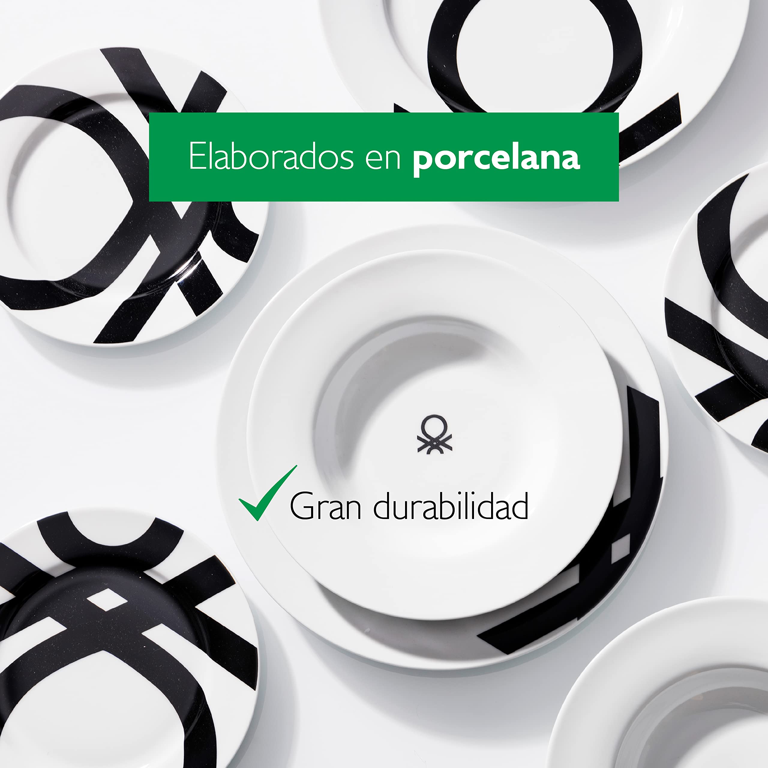 UNITED COLORS OF BENETTON. BE107 Set 18pcs vajilla Porcelana diseño Logo Estampado Negro Casa Benetton