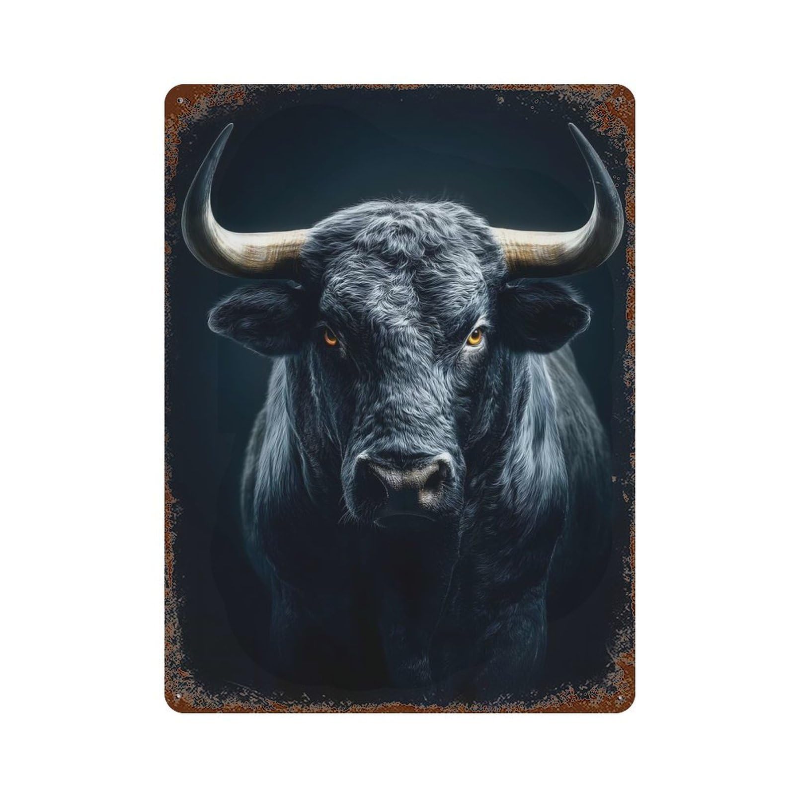 Dramatic Portrait of A Black Bull Rust Effect Tin Sign 15.7"x11.8", Rustic Home Decor for Garage, Bar And Workshop Decor