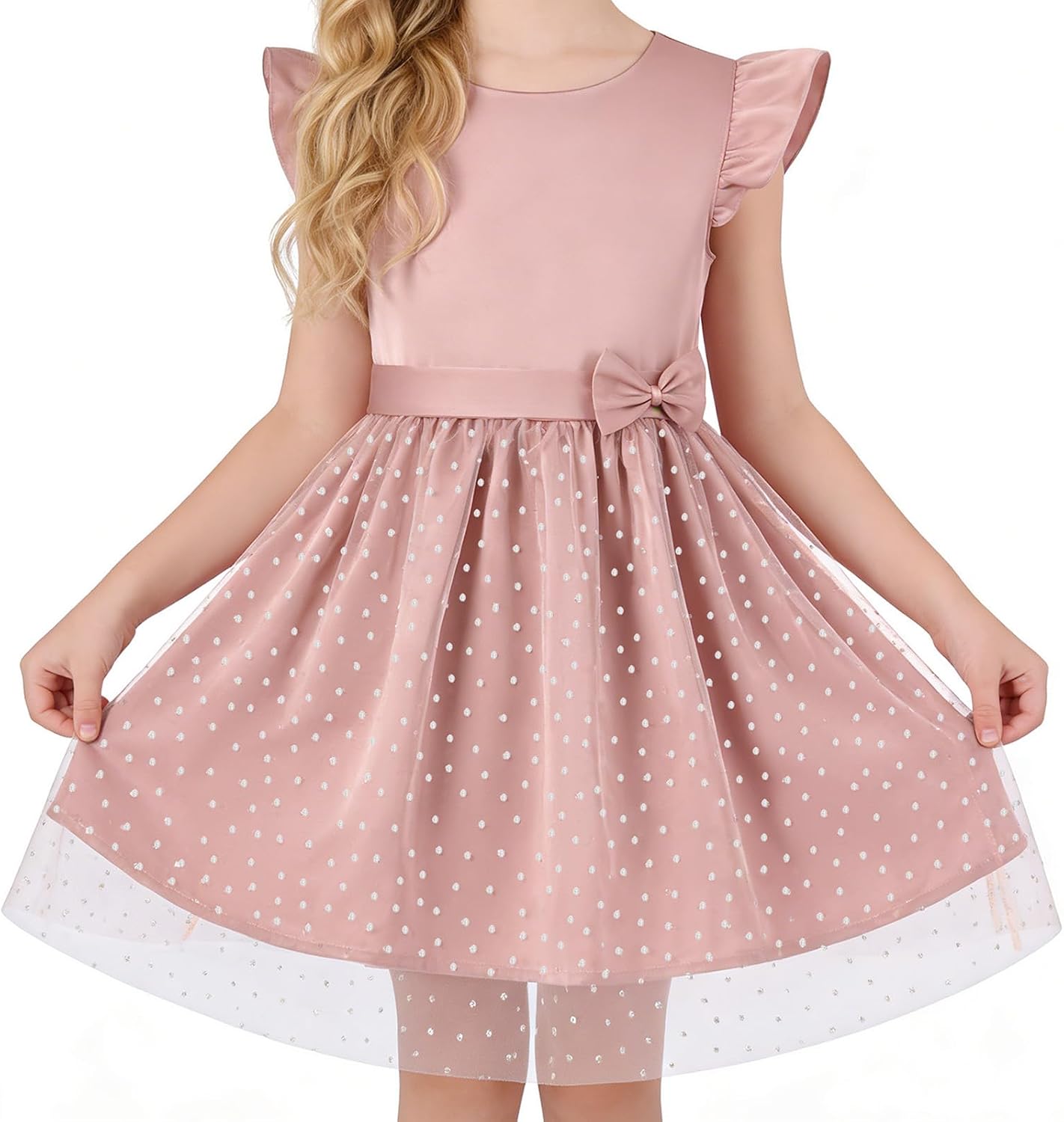 DIPUG Girls Tulle Dress, Casual Birthday Party Flower Girl Summer Dresses Polka Dot Bow & Flutter Sleeves, 5-12Y