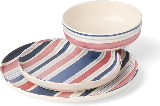 Oneida Dinnerware Sets, 24 Seven Melamine Stripe 12-Piece Dinnerware Set, Set for 4, Service For 4, Melamine Material, Dishwasher Safe, Plates And Bowls, Dinner Dishes, Kitchen (Stripe, 12 Piece)
