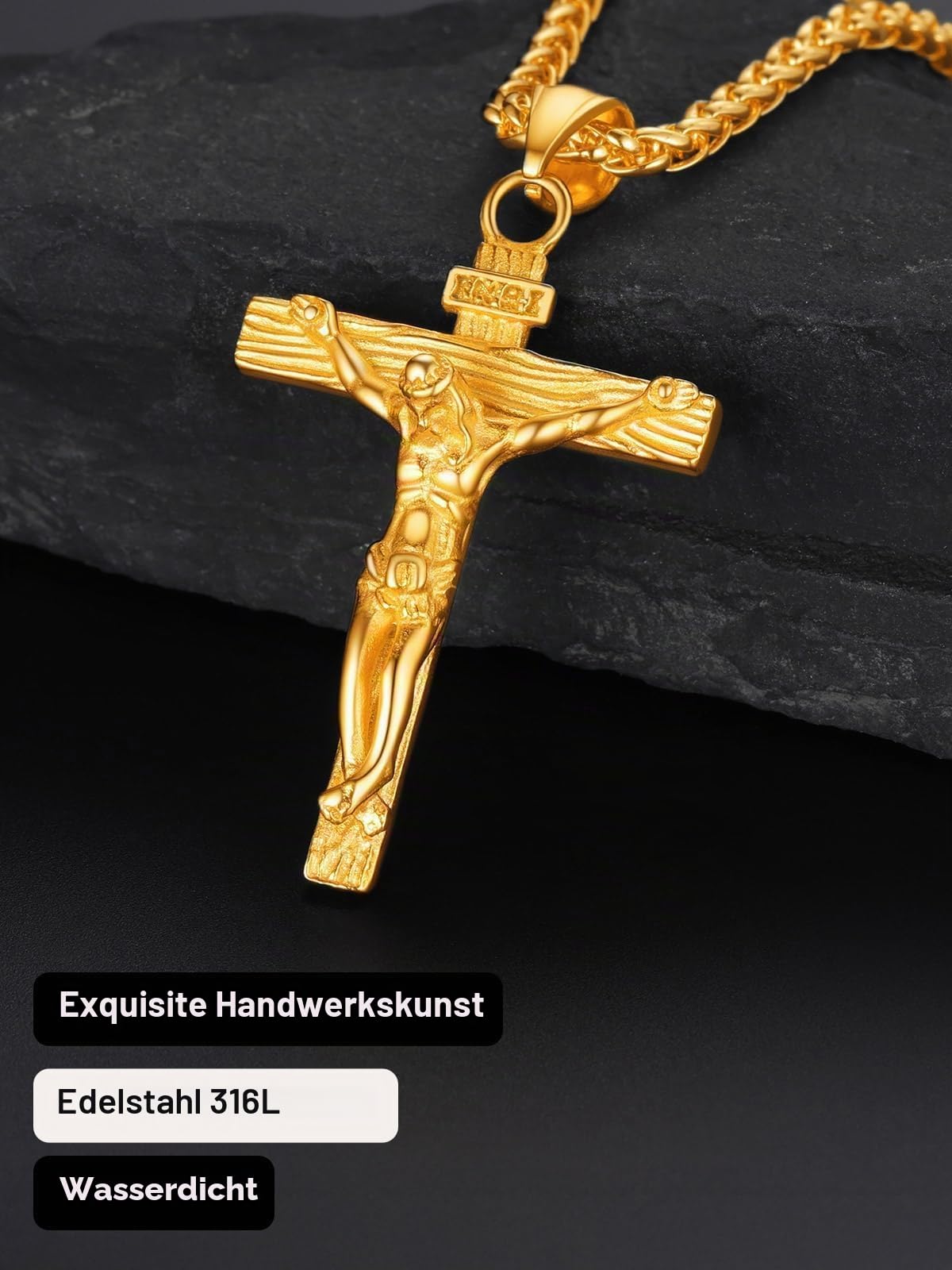 U7 Jesus Kruzifix Kreuz Kette INRI Anhänger Herren 316L Edelstahl Unisex | Nickelfreier Schmuck, Weizenkette 55+5cm, personalisierbare, 4 Farben, Geschenk für Konfirmation, Taufe & Ostern