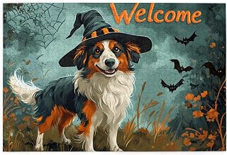 Rqwaaed Welcome Halloween Australian Shepherd Dog Cobweb Bats 1000 Piece Puzzle Challenge Wooden Jigsaw Hours Family Fun Ideal Windfall All Ages