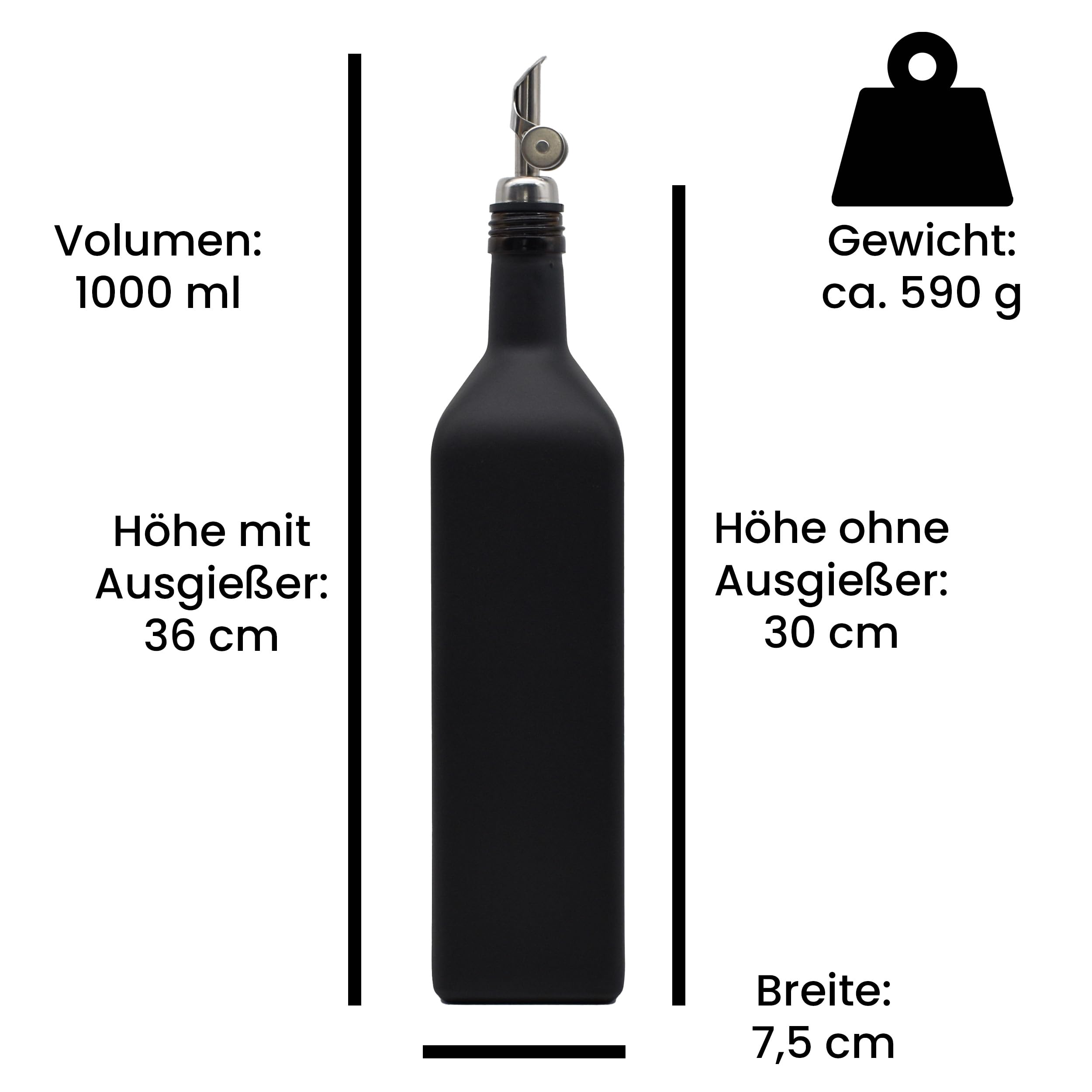 Ölflasche 1l aus Glas in schwarz-matt mit Edelstahl-Ausgießer, Deckel, Trichter und wasserfeste Etiketten (Free-Flow Ausgießer, Schriftart 1)