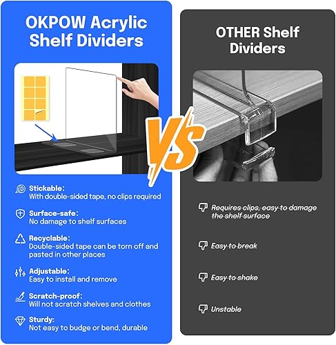 Miniatura 3 de OKPOW Separadores de estantes para organización de armarios 12 unidades de organizador de divisor de acrílico transparente duradero para estantes,