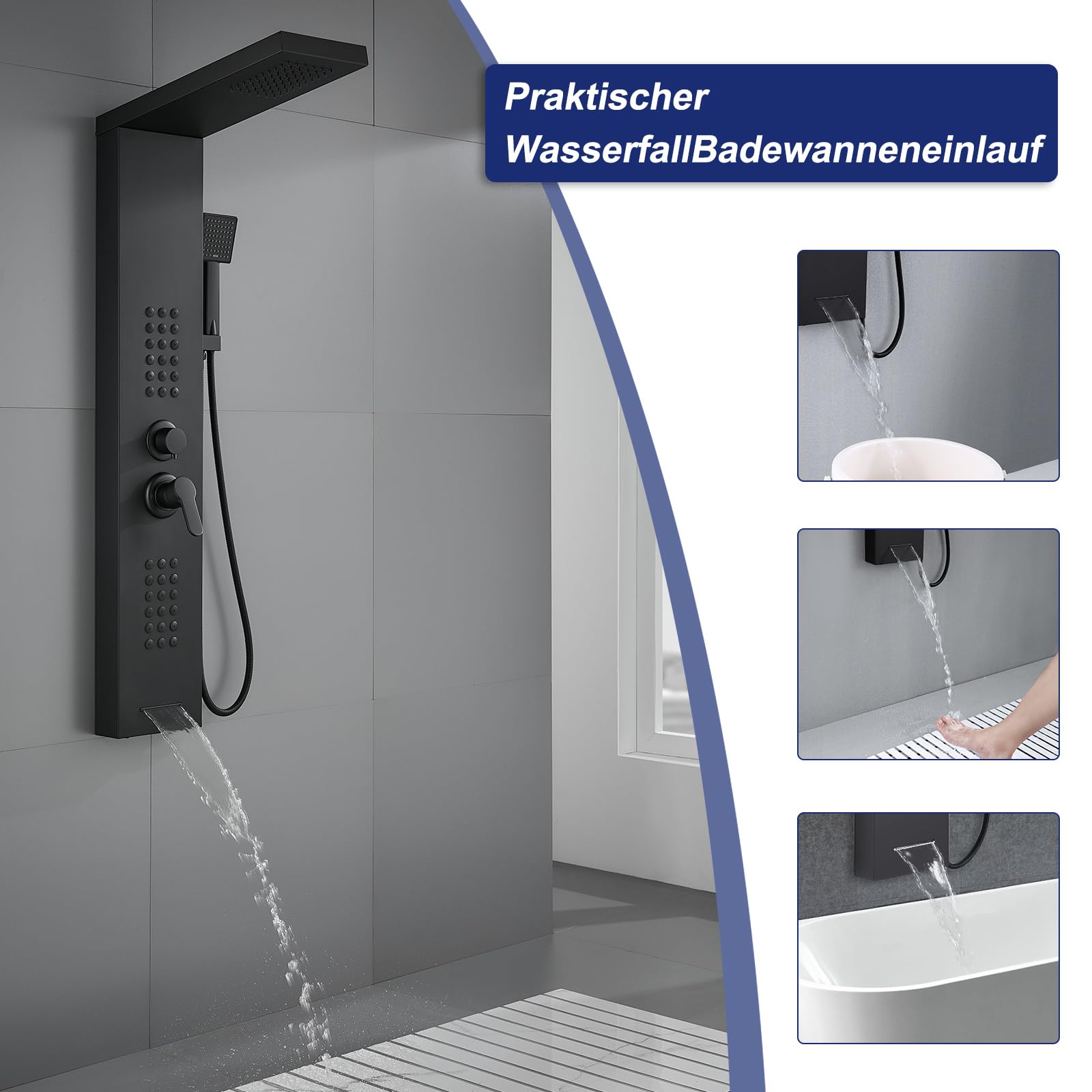 Pannello doccia con rubinetto, colonna doccia 4 in 1, in acciaio inox, nero opaco