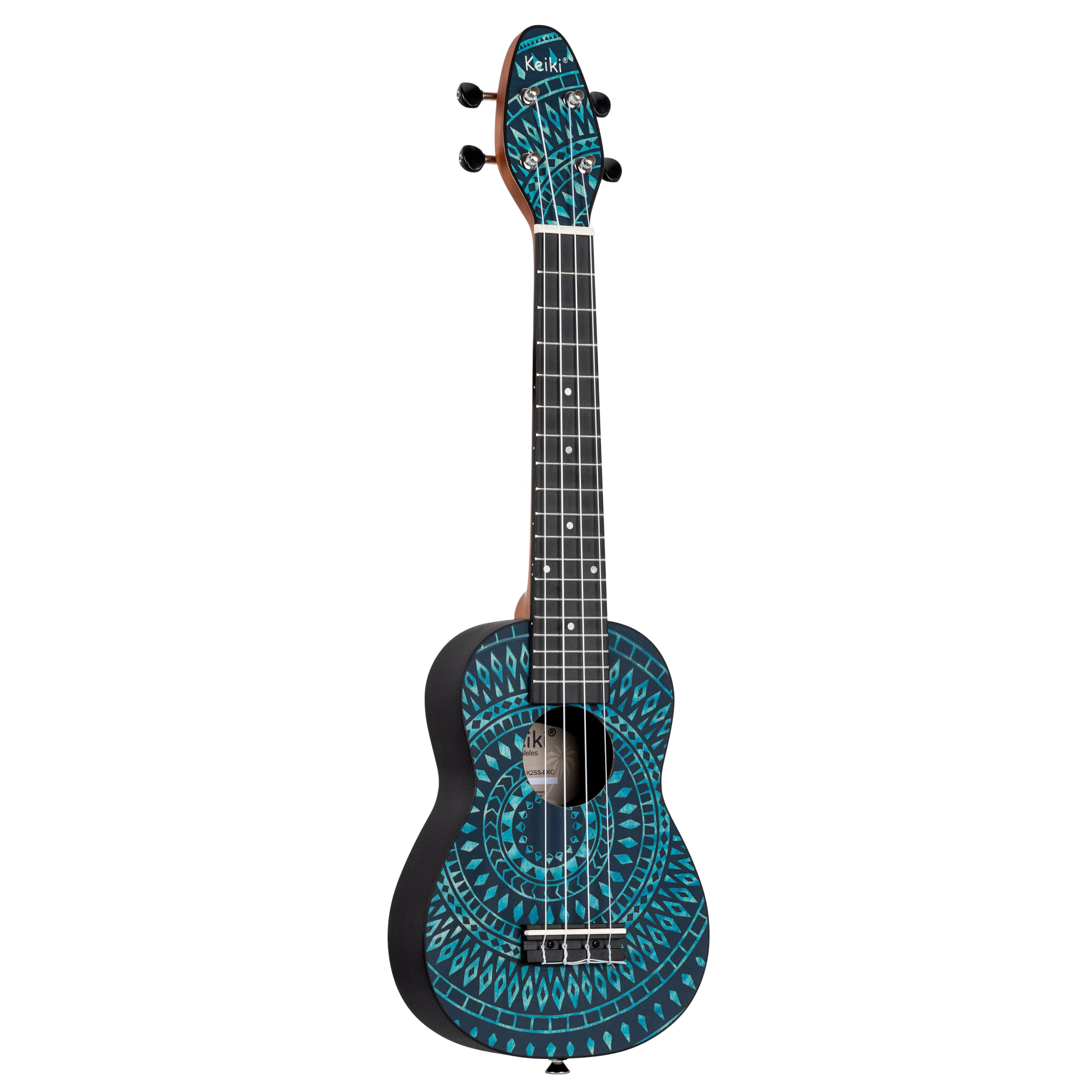 Ortega Guitars Ukelele Soprano azul - Keiki K2 - Kit de inicio incluye afinador, correa, 5 púas medianas y bolsa de dibujo - caleidoscopio azul (K2SS-BKC)