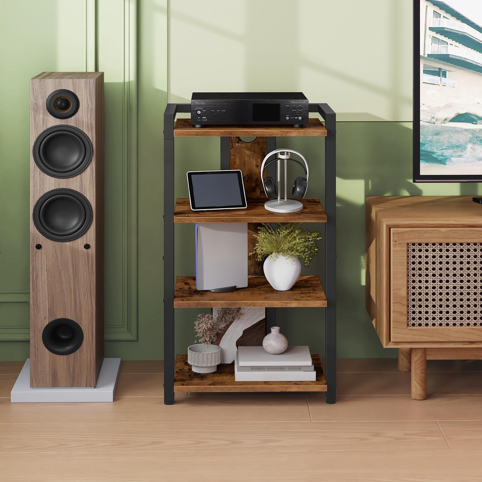 HOOBRO Meuble Audio 4 Niveaux, Étagère Platine Vinyle avec Passe-câbles, Support Multimédia, Marron Rustique et Noir