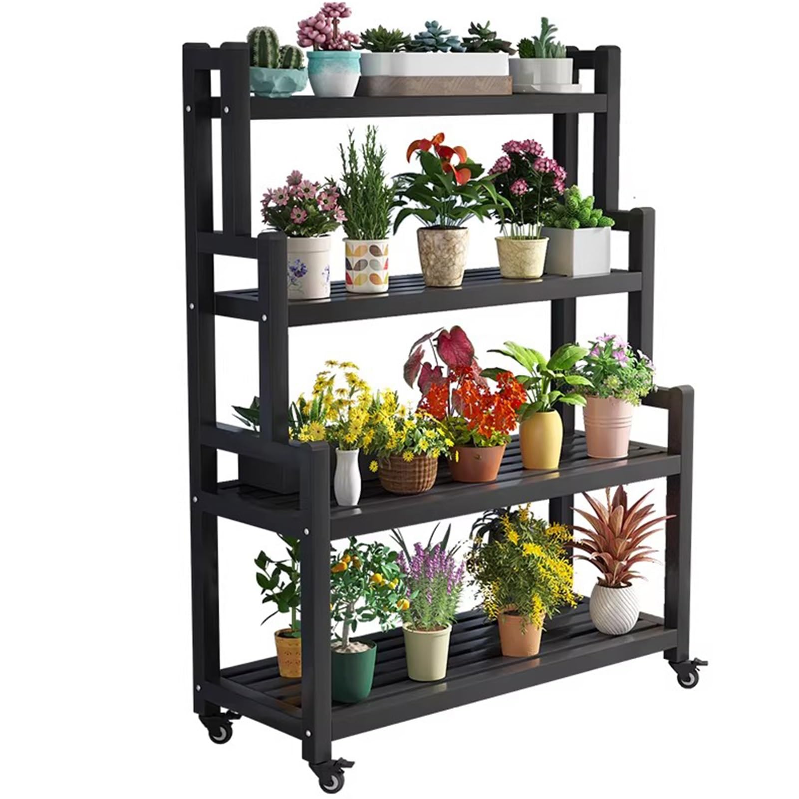 DMCHENGMA Black Wrought Iron 4-Tier Rolling Plant Stand | Multi-Purpose Ladder Flower Holder with Lockable Wheels - Flower Rack(80x40x145cm)