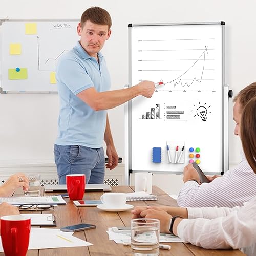 Miniatura 6 de Pizarra blanca móvil de 40 x 28 pulgadas, pizarra magnética de borrado en seco de doble cara, pizarra blanca ajustable en altura con soporte para