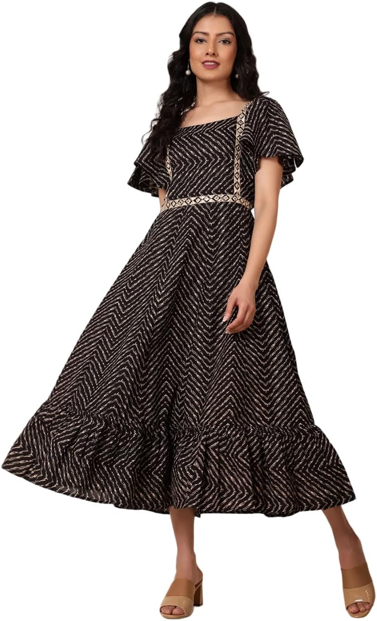 Bani WomenCotton Blend Midi Dress for Girls, Half Sleeves Long Length Casual, Daily and Party Wear Dress - Black
