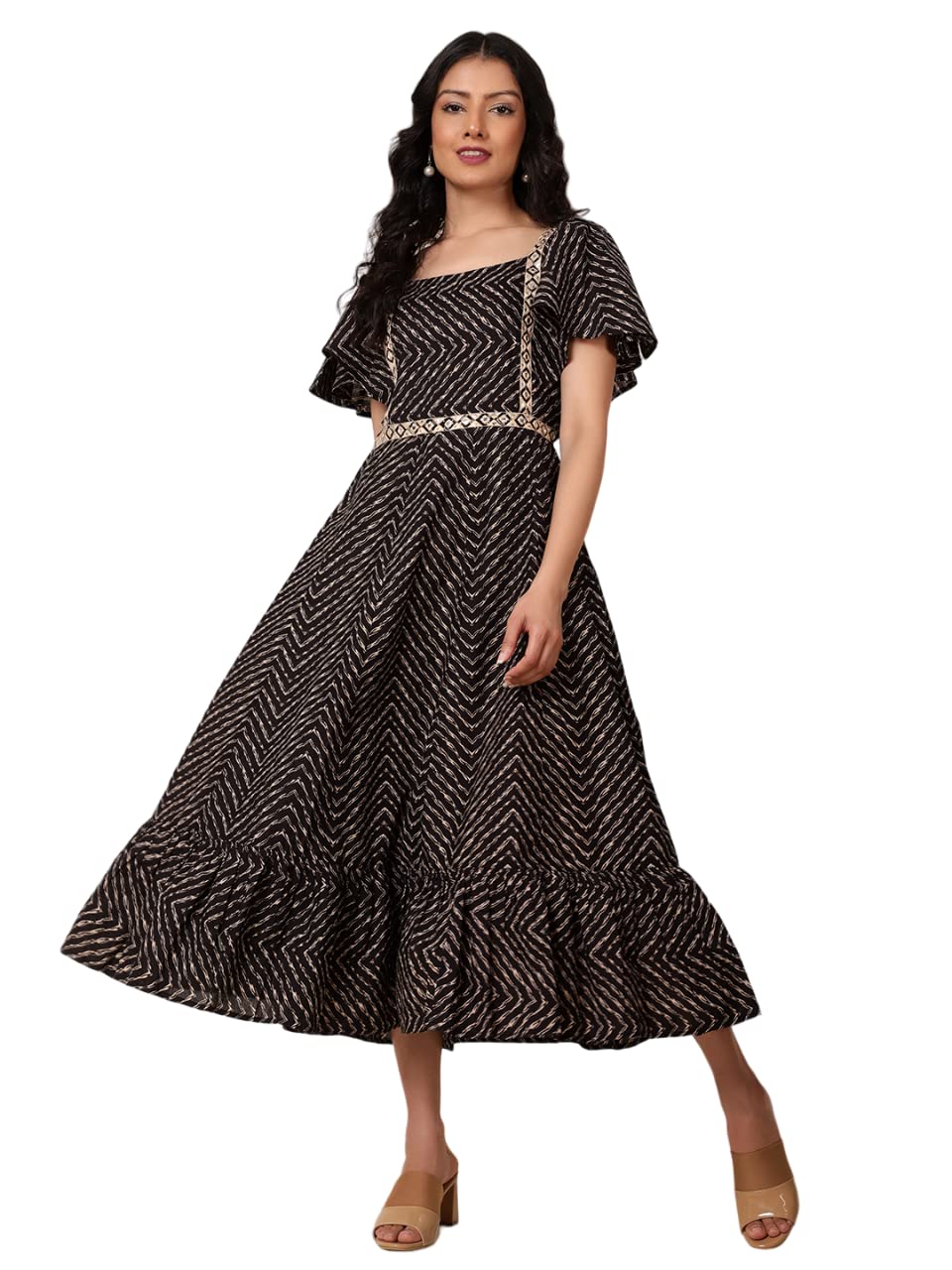 Bani WomenCotton Blend Midi Dress for Girls, Half Sleeves Long Length Casual, Daily and Party Wear Dress - Black