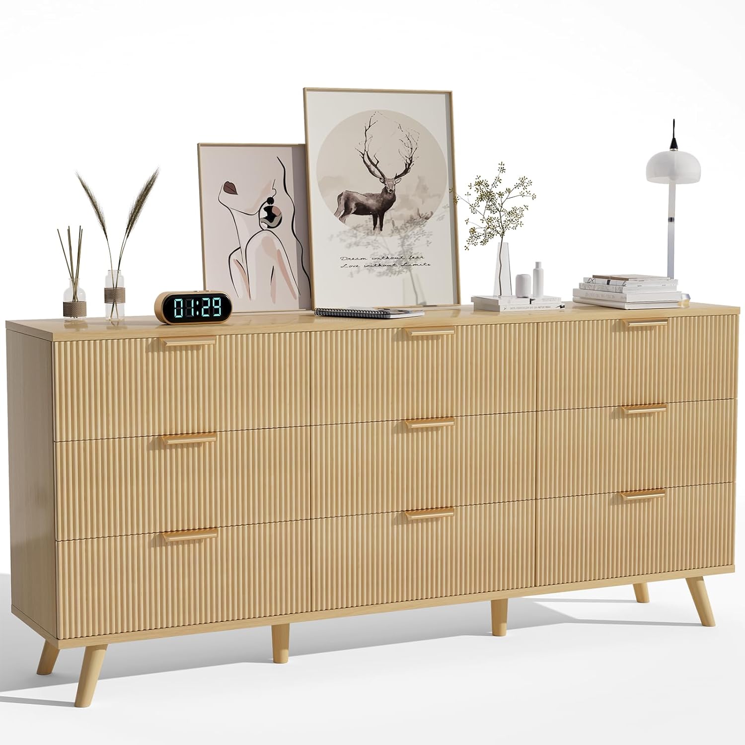 Drawer Dresser for Bedroom - Fluted 63" Long Modern Chest of 9 Drawers - Light Wood Dresser TV Stand - Boho Storage Wood Dresser Organizer for Living Room, Hallway, Closet, Natural Wood