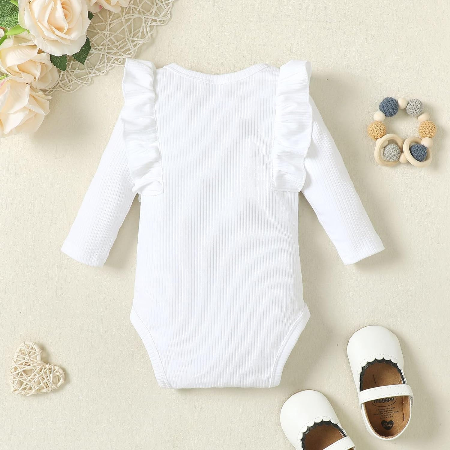 0-24M Infant Ribbed Romper Baby Girls Knit Ruffle Bodysuit Toddler Girl Solid Color Jumpsuit Holiday Shirt Tops - Image 3
