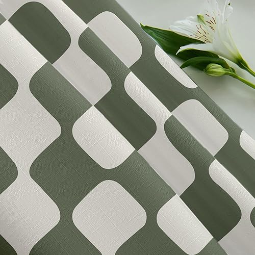 Miniatura 5 de Tititex Cortina de ducha retro de tela de lino sintético de 4.53 ozm, con patrón de cuadrícula de ajedrez, color beige y verde salvia, juego de