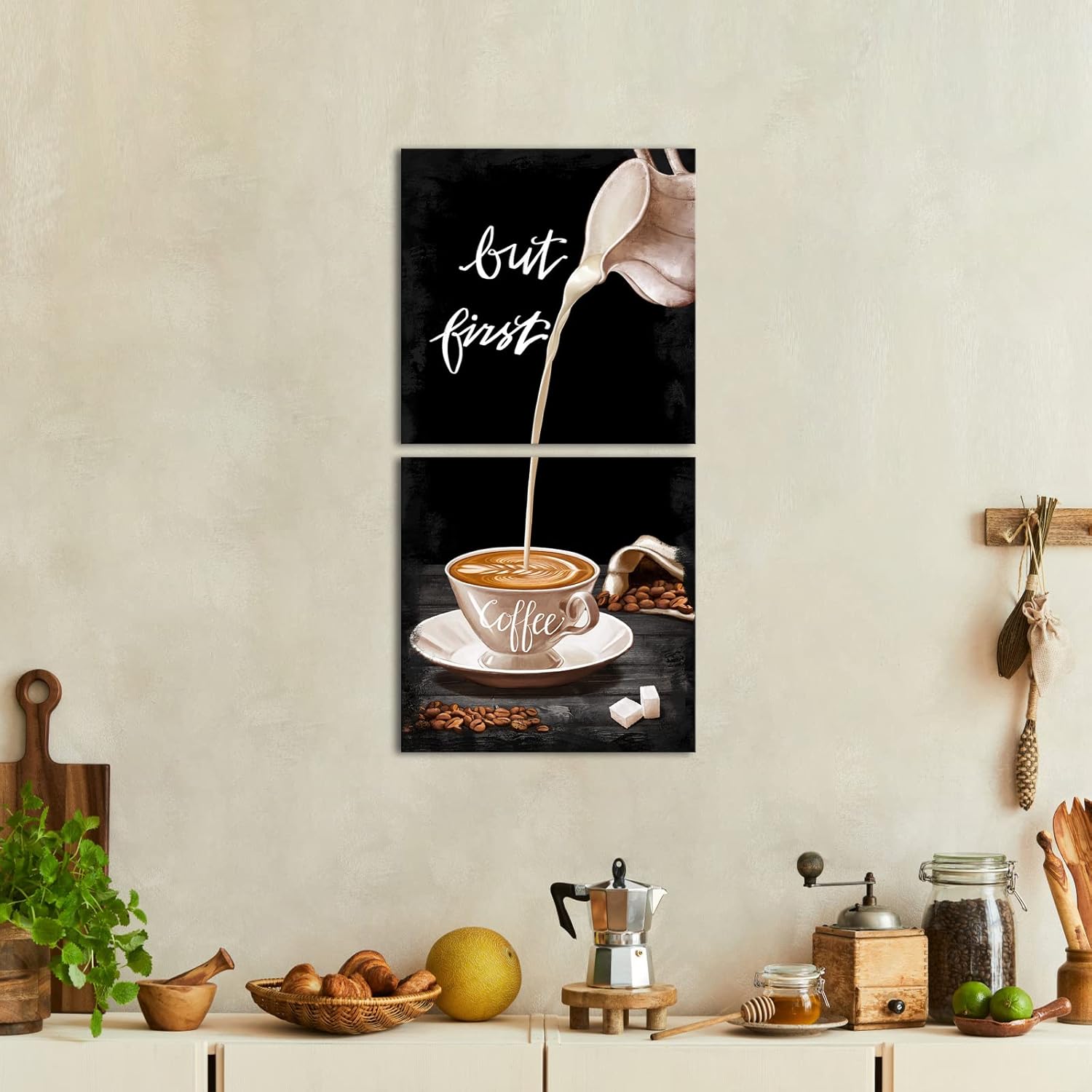 iHAPPYWALL 2 Pieces But First Coffee Sign Wall Art Vintage Black and White Coffee Bean Cup Picture for Coffee Bar Kitchen Wall Decor Ready to Hang 12x12inchx2pcs