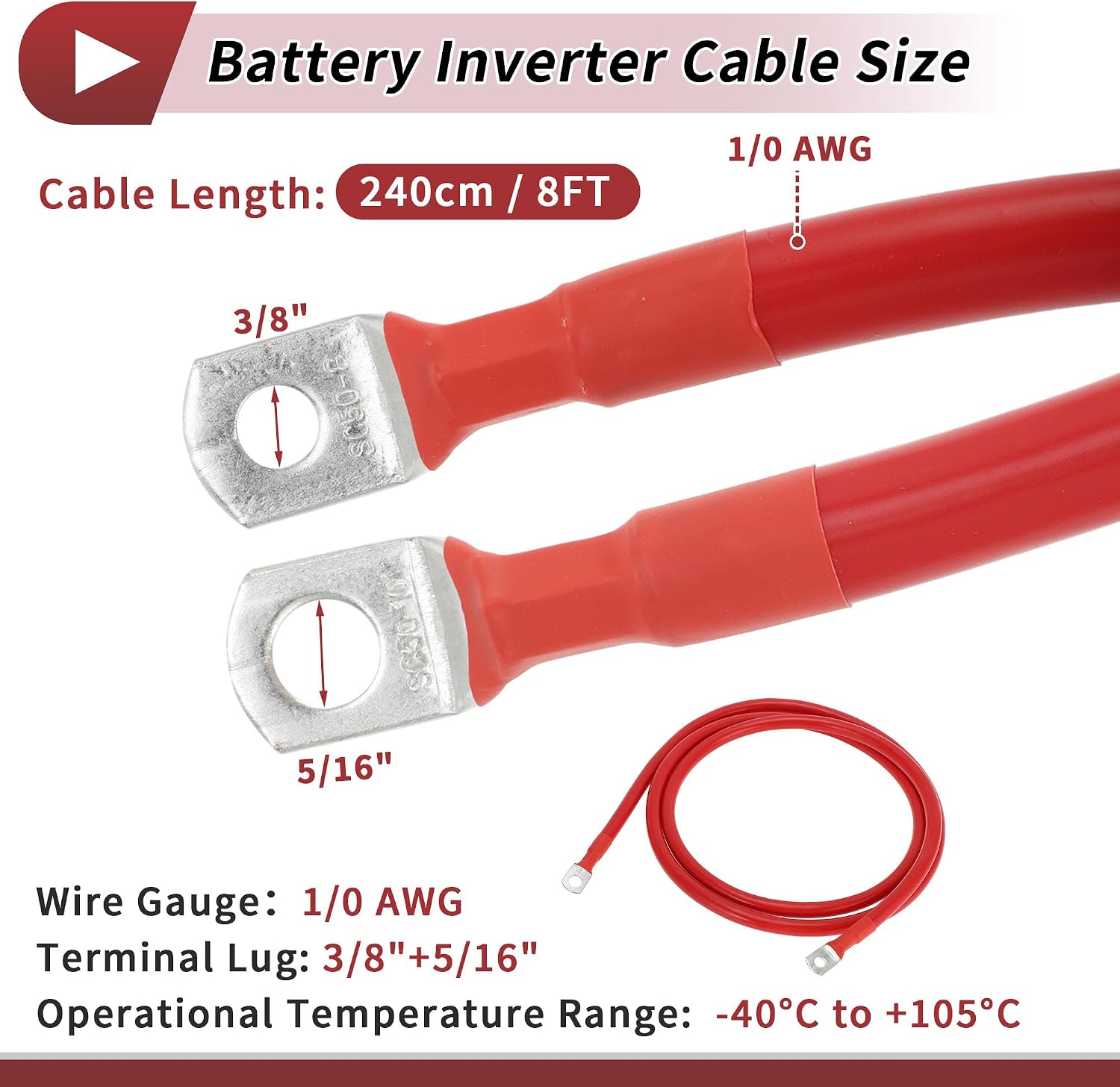 1 Pc Battery Inverter Cable Battery Cable 3/8" 5/16" Lug 1/0 AWG Gauge 8FT Red Tinned Copper