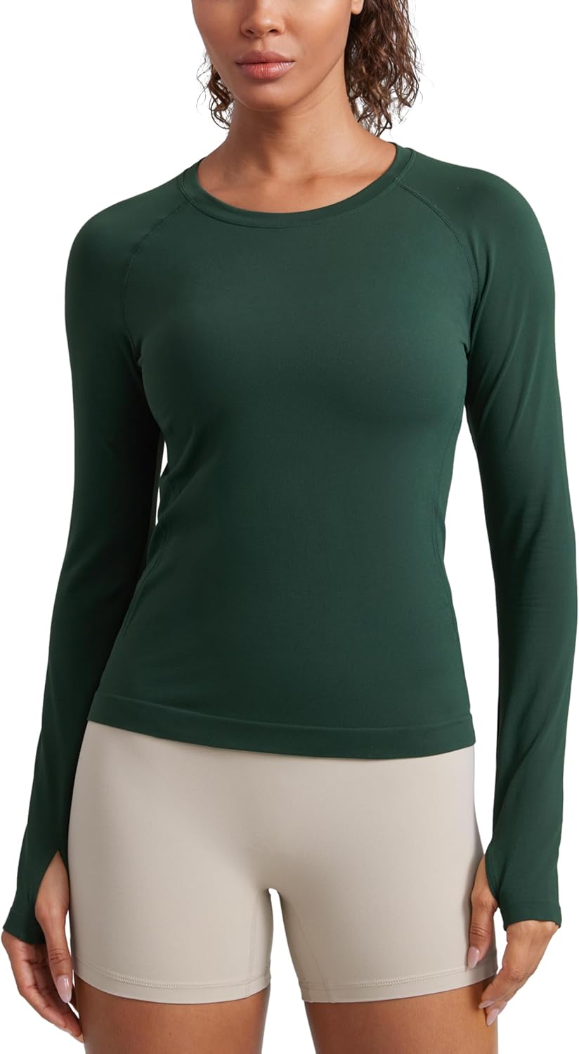 CRZ YOGA Seamless Long Sleeve Shirts for Women Waist Length - Workout Athletic Running Gym Yoga Tops Crewneck Breathable