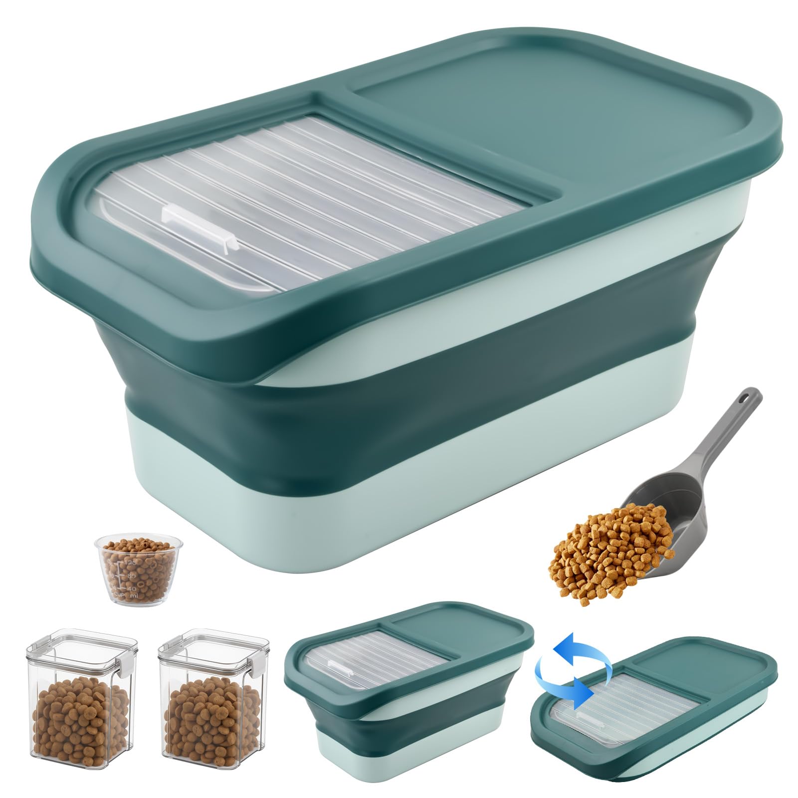 Contenitore Crocchette Cane Gatto,7 kg Porta Crocchette Pieghevole con Misurino Pala 2 Contenitori,Contenitore per Animali Contenitori Cibo Cani Gatto,Animali Domestici Scatola di Alimenti (verde)