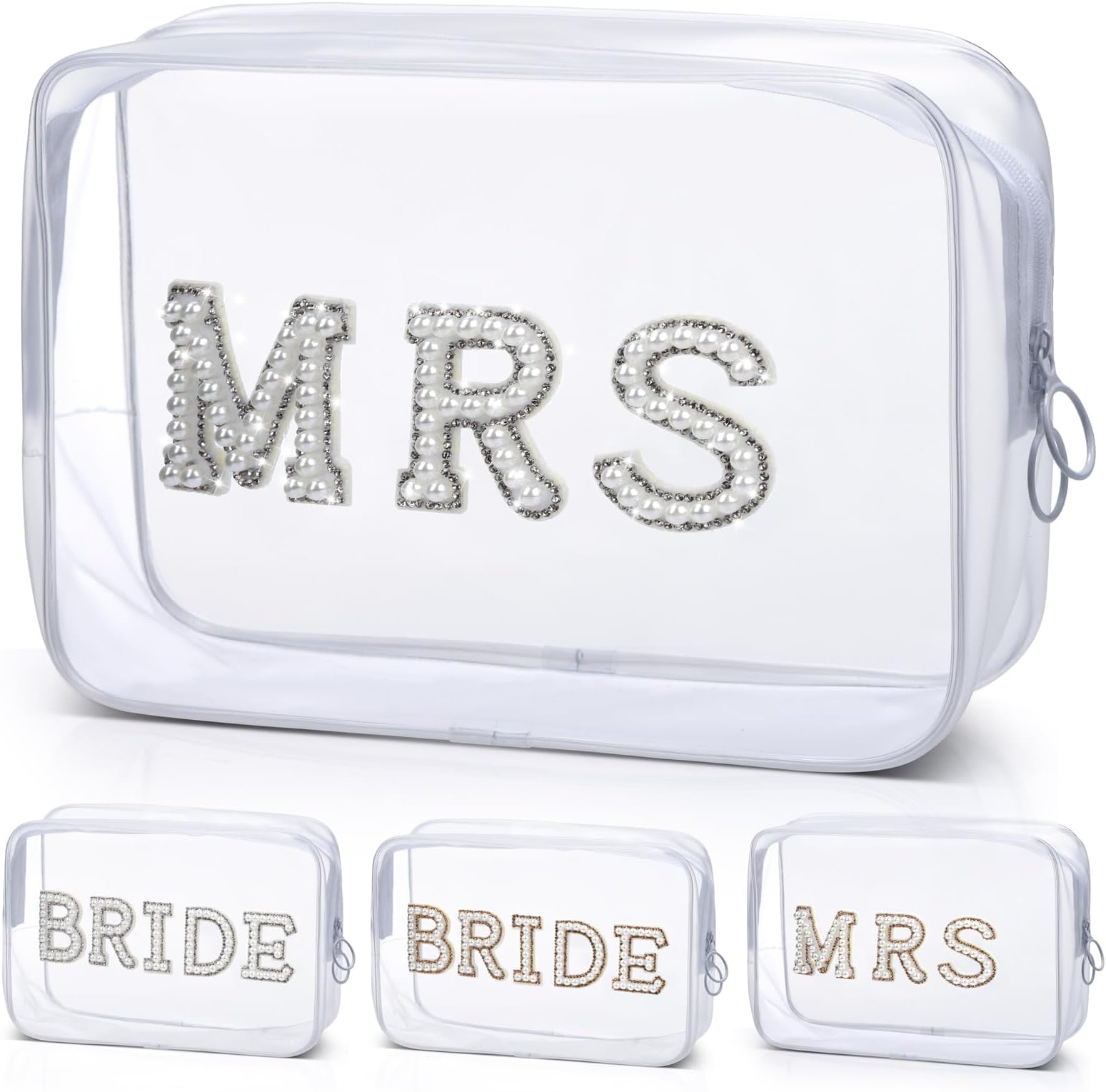 MRS Clear Makeup Bag, Etercycle Bridal Shower Gifts Engagement Cosmetic Bag, Bling Pearl Rhinestone Letter Patches PVC Travel Organizer for Engagement Bachelorette Party Women Wedding Bridal (Silver)