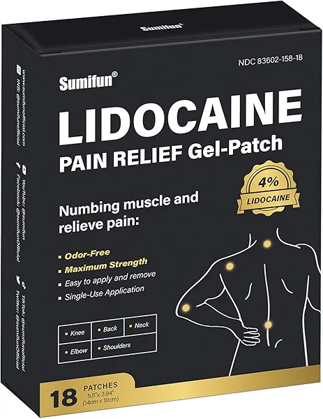 Sumifun 4% Lidocaine Pain Relief Patches - 18 Count Patches for Back, Shoulder, Muscle, Joints, Knee Pain Relief - Lower Back Pain Relief Products - Pain Patches Maximum Strength Lidocaine