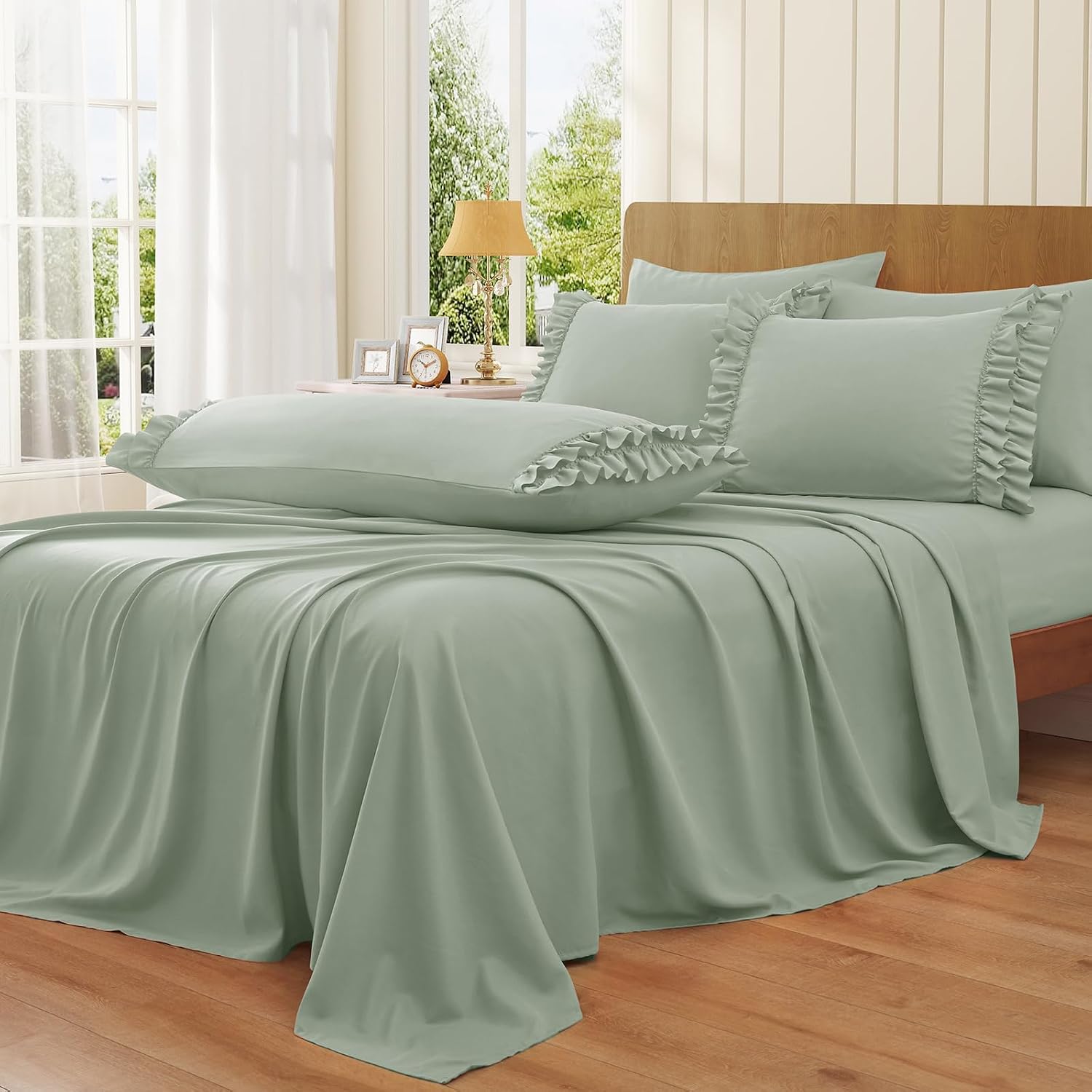 RUDONG M Ruffled Pillow Cases Set of 2, King, 20x36 Inches, Sage Green