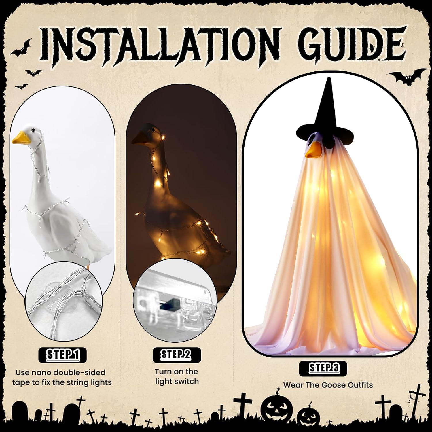 Halloween Lighted Ghost Porch Goose Outfits for 23 Inch Statue