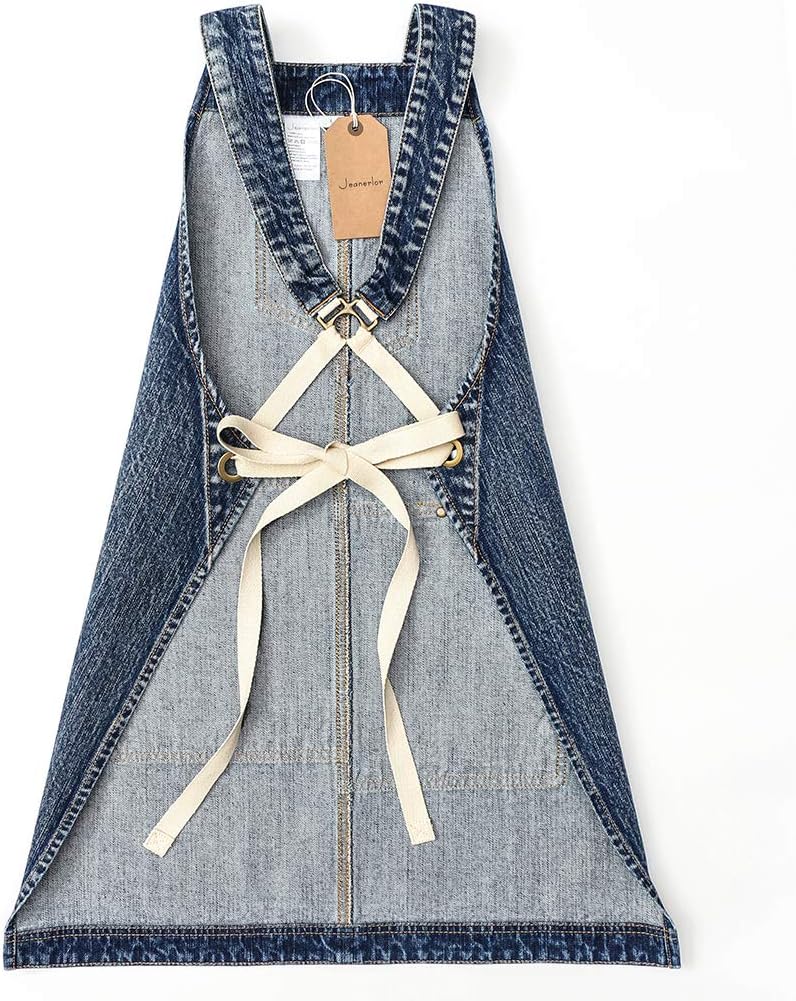 Jeanerlor - Denim Apron for Women With Pockets Cross-Back Straps & Adjustable S to L (Denim Blue)