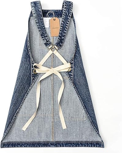 Miniatura 2 de Jeanerlor - Delantal de mezclilla con 4 bolsillos para mujeres y hombres - Estilo lavado correas cruzadas en la espalda y ajustable S a XXXL, Azul