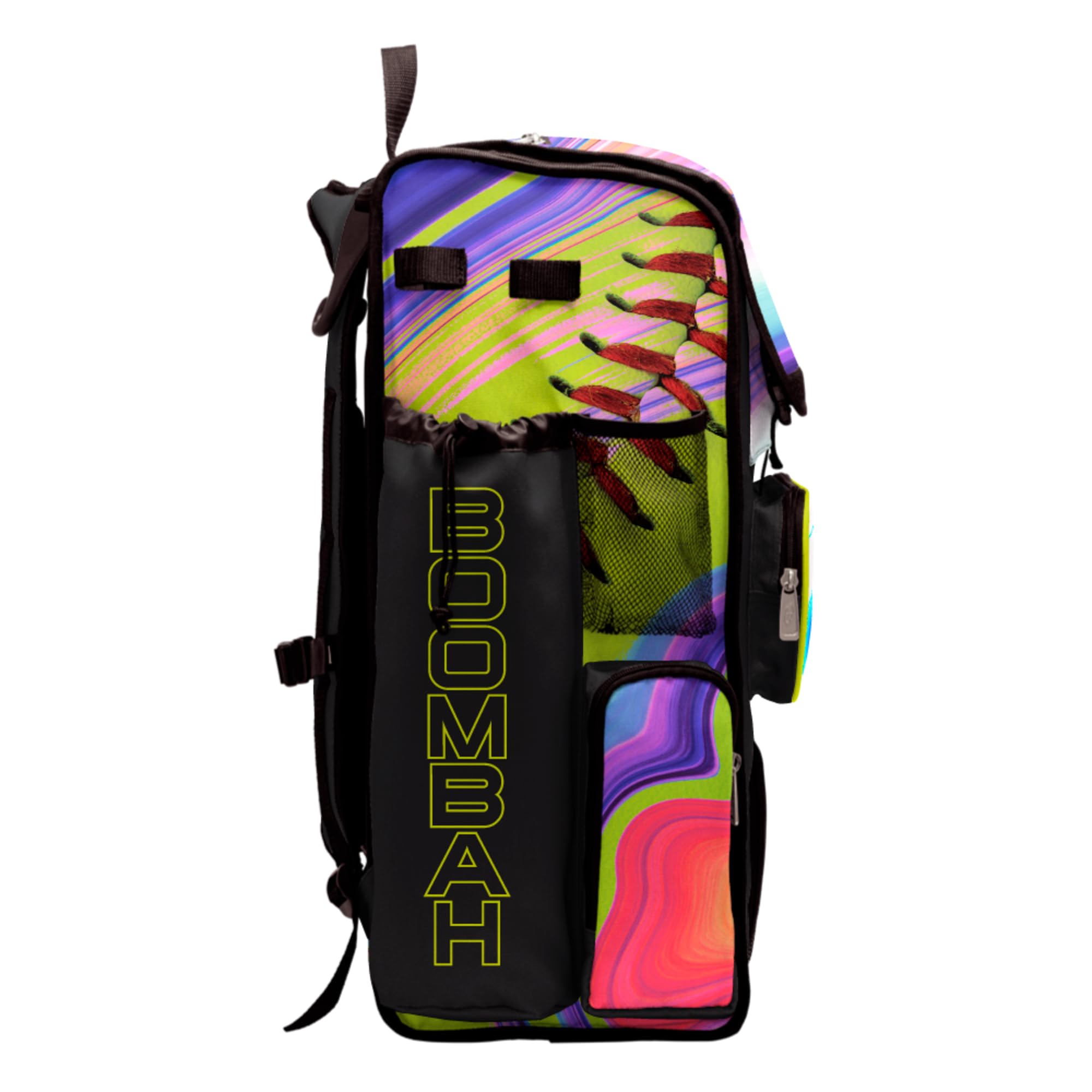 Boombah Superpack Bat Bag - Backpack Version (no wheels) - Holds 4 Bats - Softball Focus Optic Yellow/Black/Amethyst Orchid