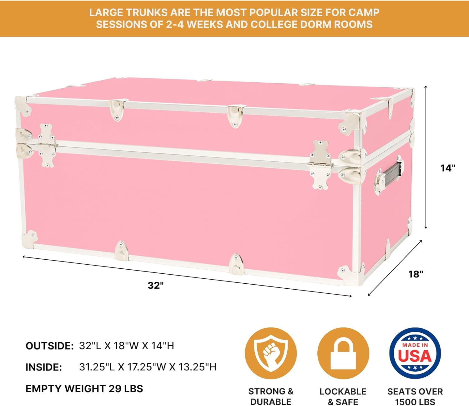 Rhino Trunk & Case Classic Large Trunk - 32"x18"x14", 1500+ lbs Capacity - Many Colors, Soft-Close Lid. Strong, USA Made Summer Camp Footlocker and Secure College Dorm Storage Chest