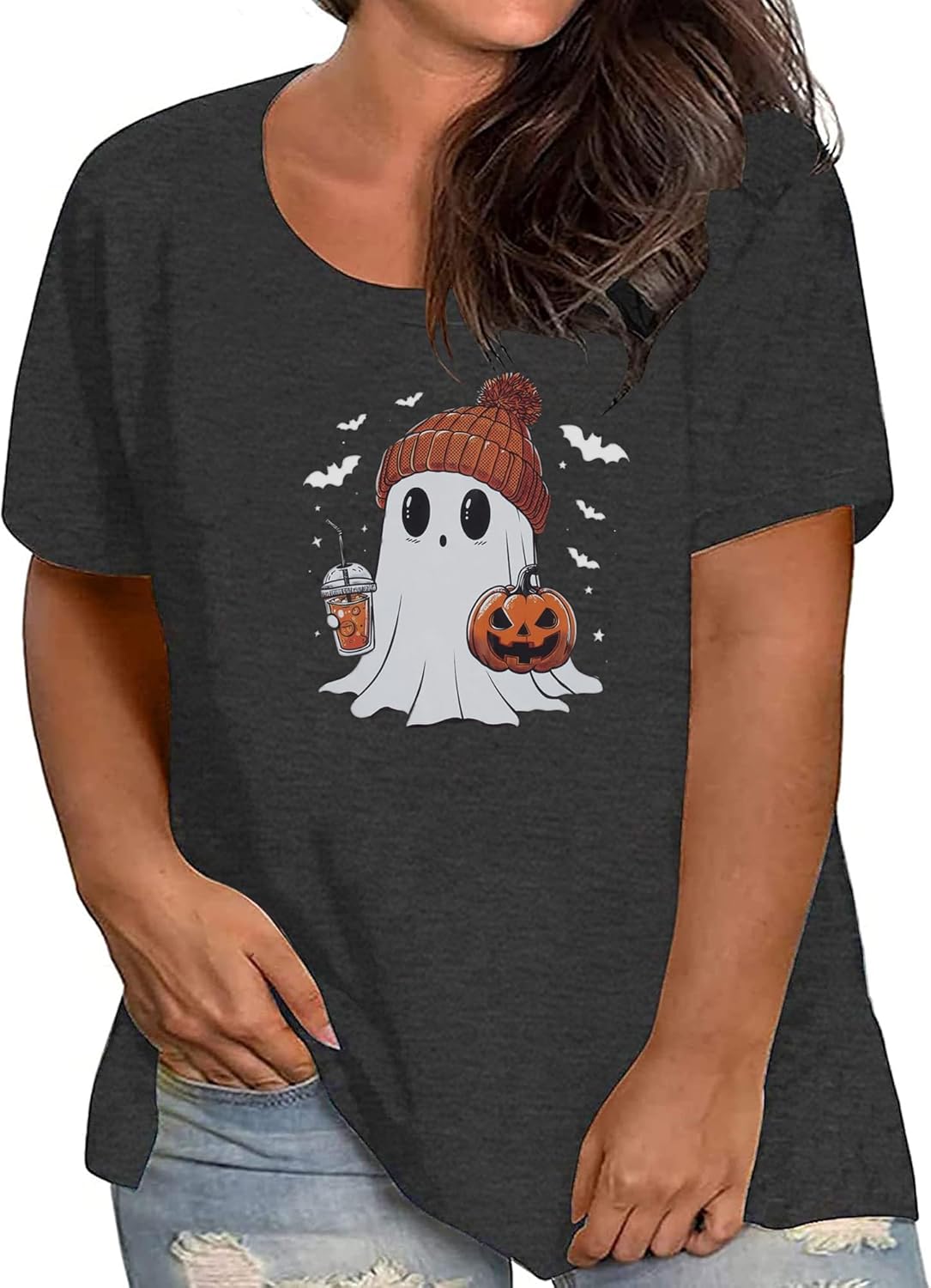 Plus Size Halloween Shirts for Women Cute Ghost Pumpkin Shirt Fall Spooky Graphic Coffee Lover Short Sleeve Tops - Image 2