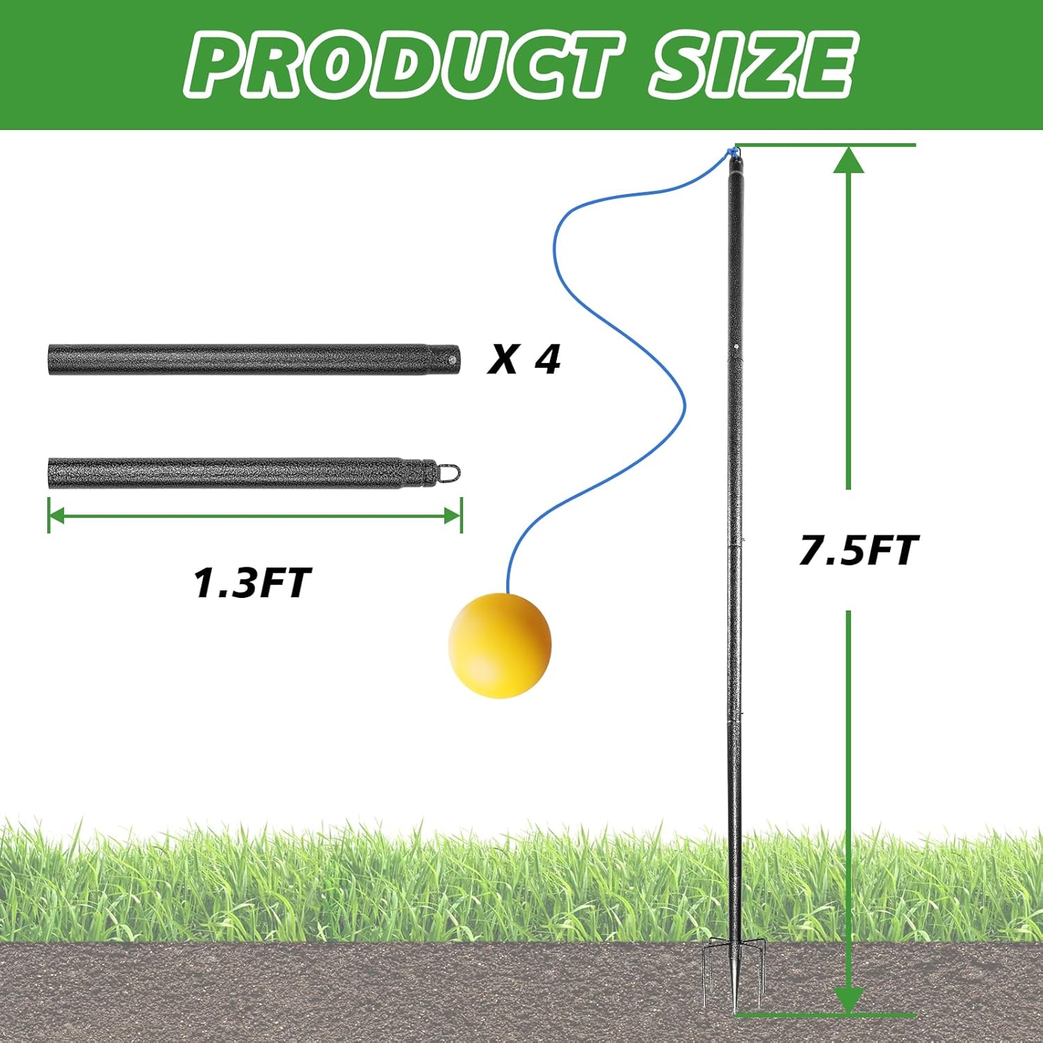 Tetherball Set, Portable Tether Balls and Rope Set with Pole 7.5ft Tetherball Equipment with Sturdy Base for Backyard Outdoor Games