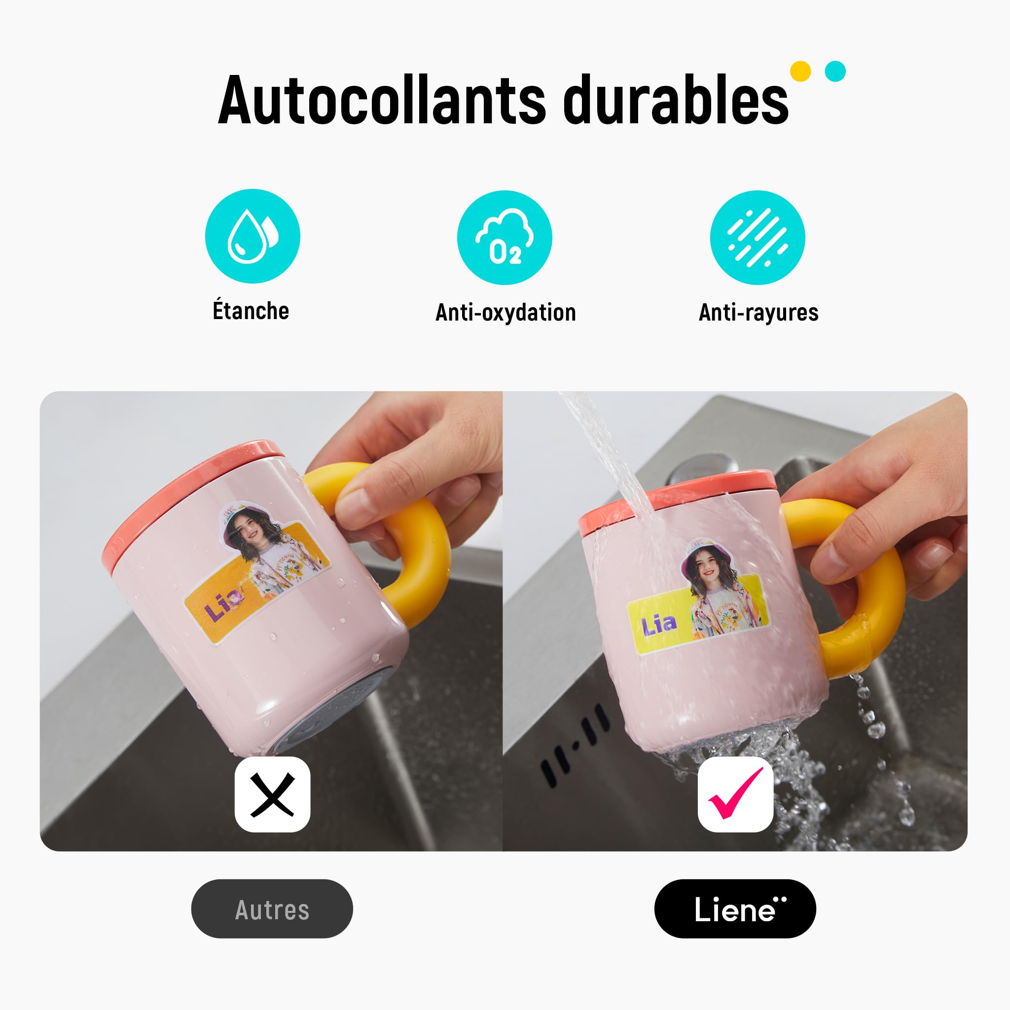 Liene Papier autocollant et cartouche (version à adhérence améliorée) – Comprend 2 recharges de cartouches d'encre et 72 feuilles de papier autocollant imprimable de 10,2 x 17,8 cm, sublimation