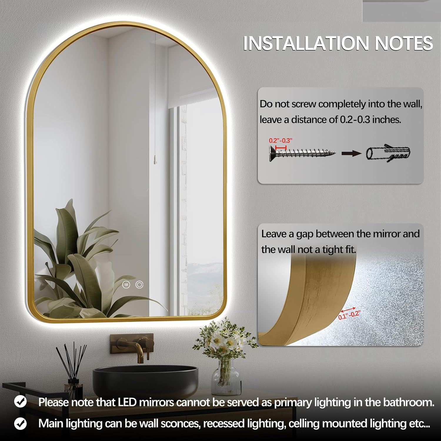 36"x24" Arched LED Bathroom Mirror, Wall Mounted Backlit Mirror with Lights Fog Free Lighted Framed Mirror Smart Anti-Fog 3 Color Temperatures Adjustable Brightness Gold