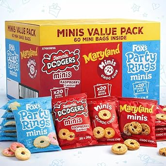 Fox’s Mini Biscuit Variety Pack 60 Count – Jammie Dodgers, Maryland Choc Chip & Party Rings Minis – Individually Wrapped Snack Packs – Ideal for Lunchboxes, Party & Kids