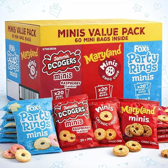 Fox’s Mini Biscuit Variety Pack 60 Count – Jammie Dodgers, Maryland Choc Chip & Party Rings Minis – Individually Wrapped Snack Packs – Ideal for Lunchboxes, Party & Kids