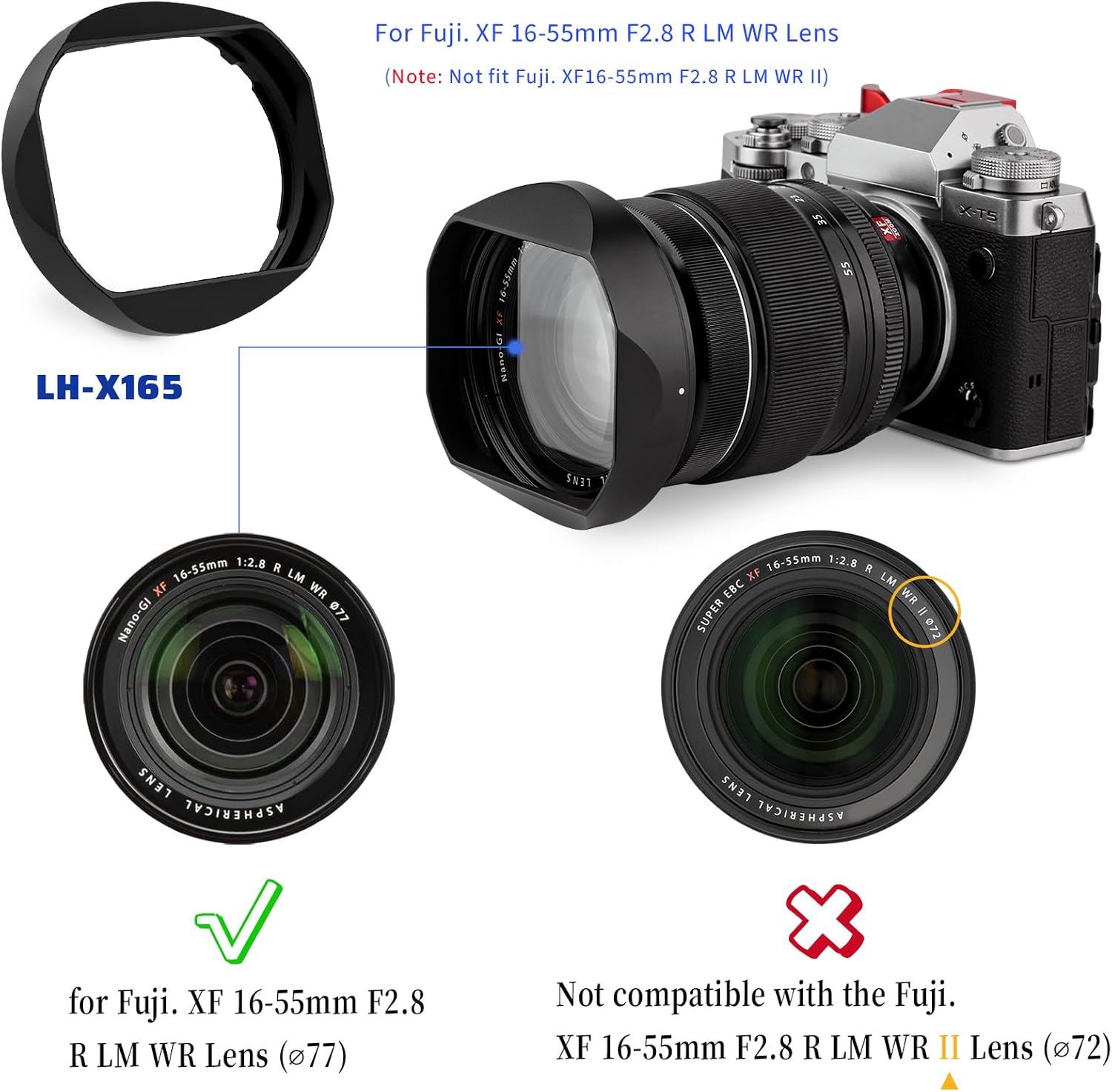 Haoge LH-X165 Square Metal Lens Hood Shade with Metal Cap for Fujifilm Fuji Fujinon XF XF16-55mm F2.8 R LM WR Lens xf 16-55mm/f2.8