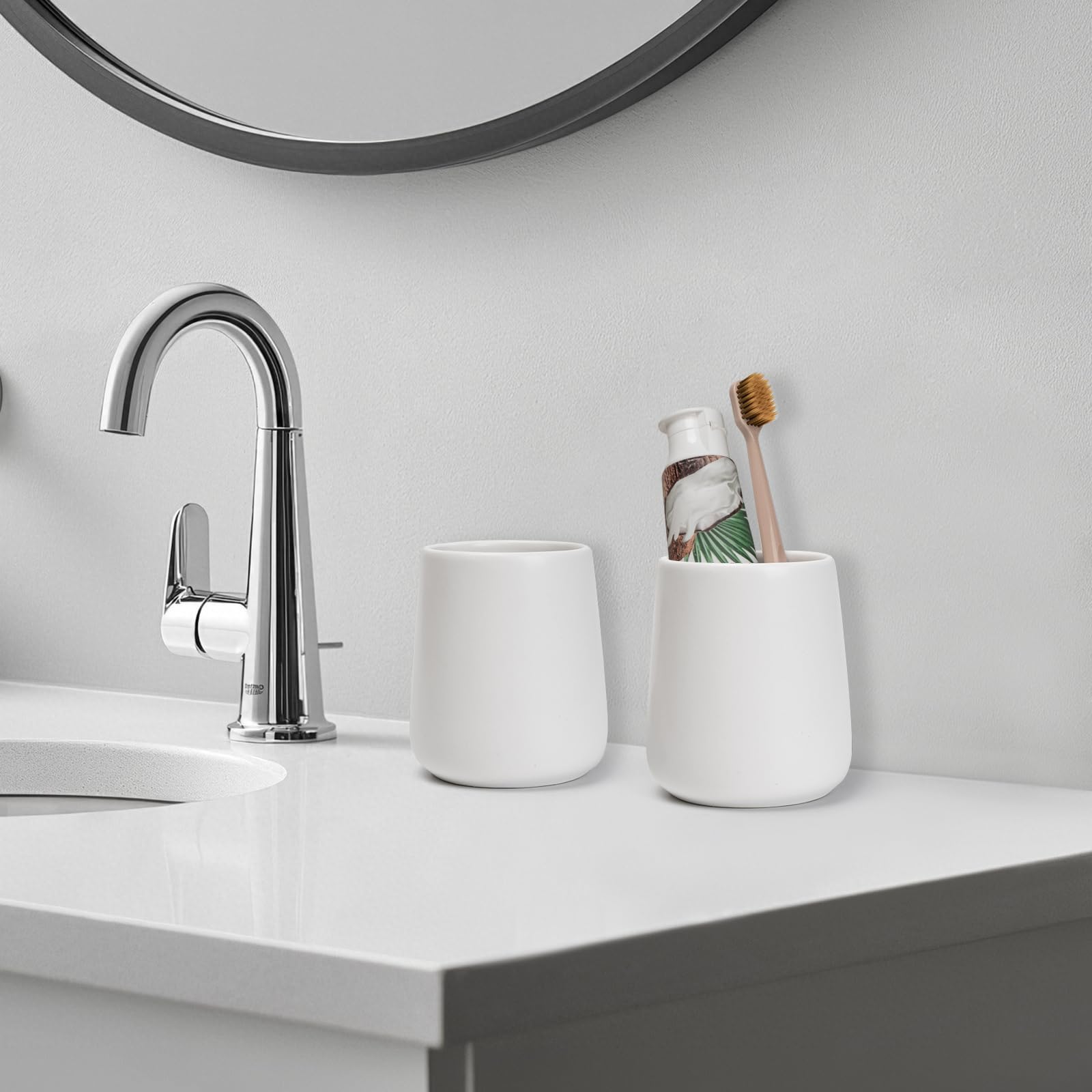 Vaso de cerámica para baño, 2 unidades, 15 onzas, reutilizable, irrompible, 450 ml, soporte para cepillo de dientes adecuado para tu baño (blanco)