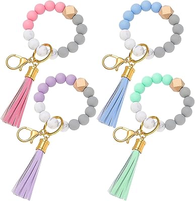Surakey 4 PCS Wristlet Keychain Bracelet Wallet for Women Silicone Beaded Car Key Rings with Bangle Card Holder Elastic Beaded