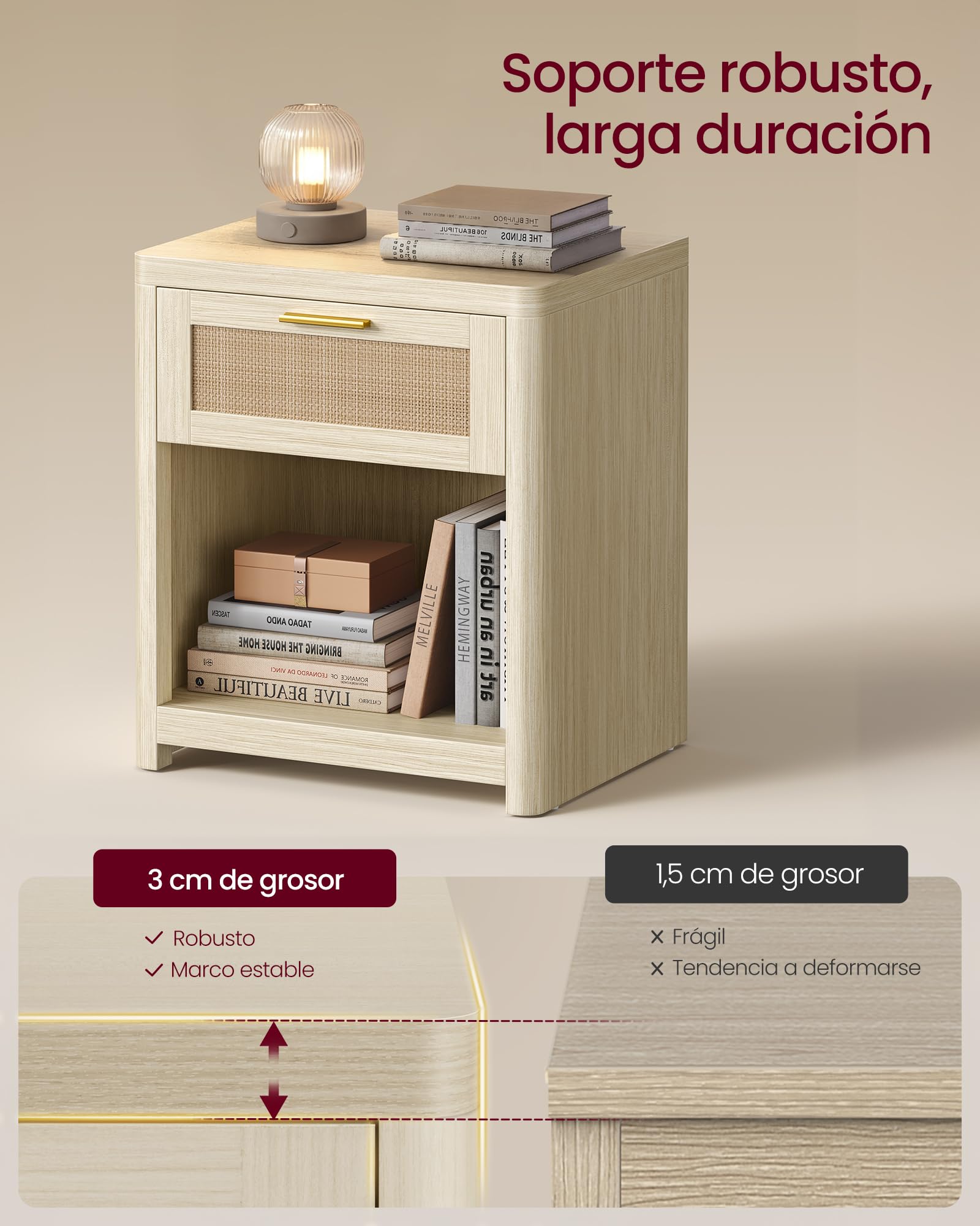 VASAGLE ELLAN Colección - Mesitas Boho con Cajón Efecto Ratán, Juego de 2, Mesas Auxiliares con Compartimento Abierto, Esquinas Redondeadas, Dormitorio, Beige Natural LET818LC01
