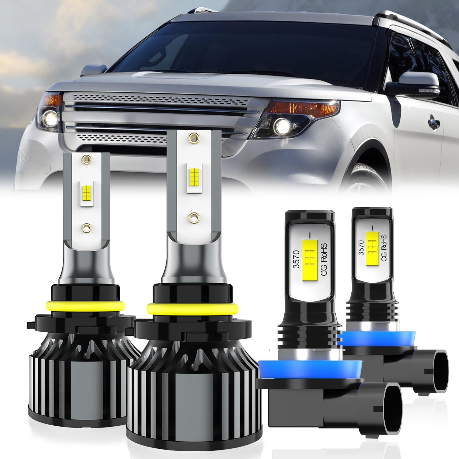 Fit For Ford Explorer 2011-2015 Light Bulbs, 9005 High Low Beam + H11 Fog Light Bulb, 4-Pack