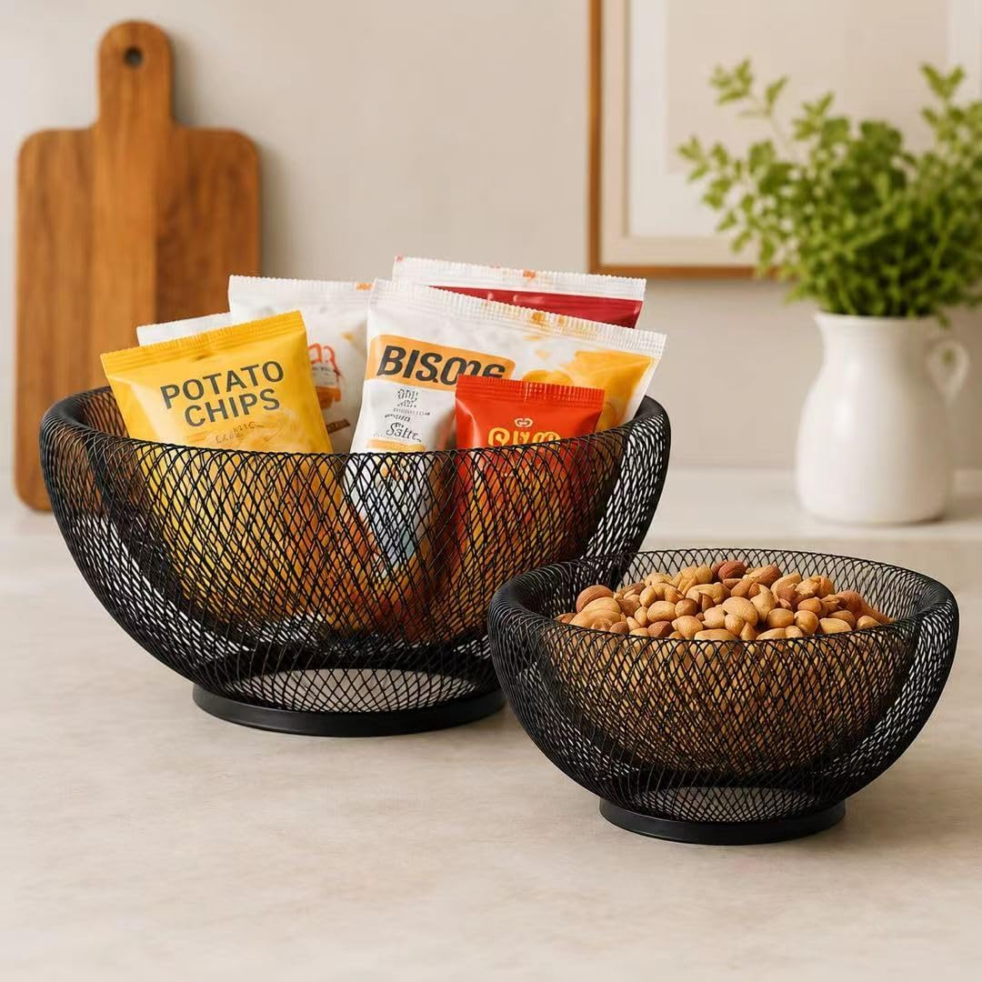 2 Set Modern Black Wire Mesh Decorative Bowls– Openwork Fruit Baskets for Bread, Snacks, Storage Trays for Kitchen, Living Room and Home décor. (12”x5”) (10”x4”)