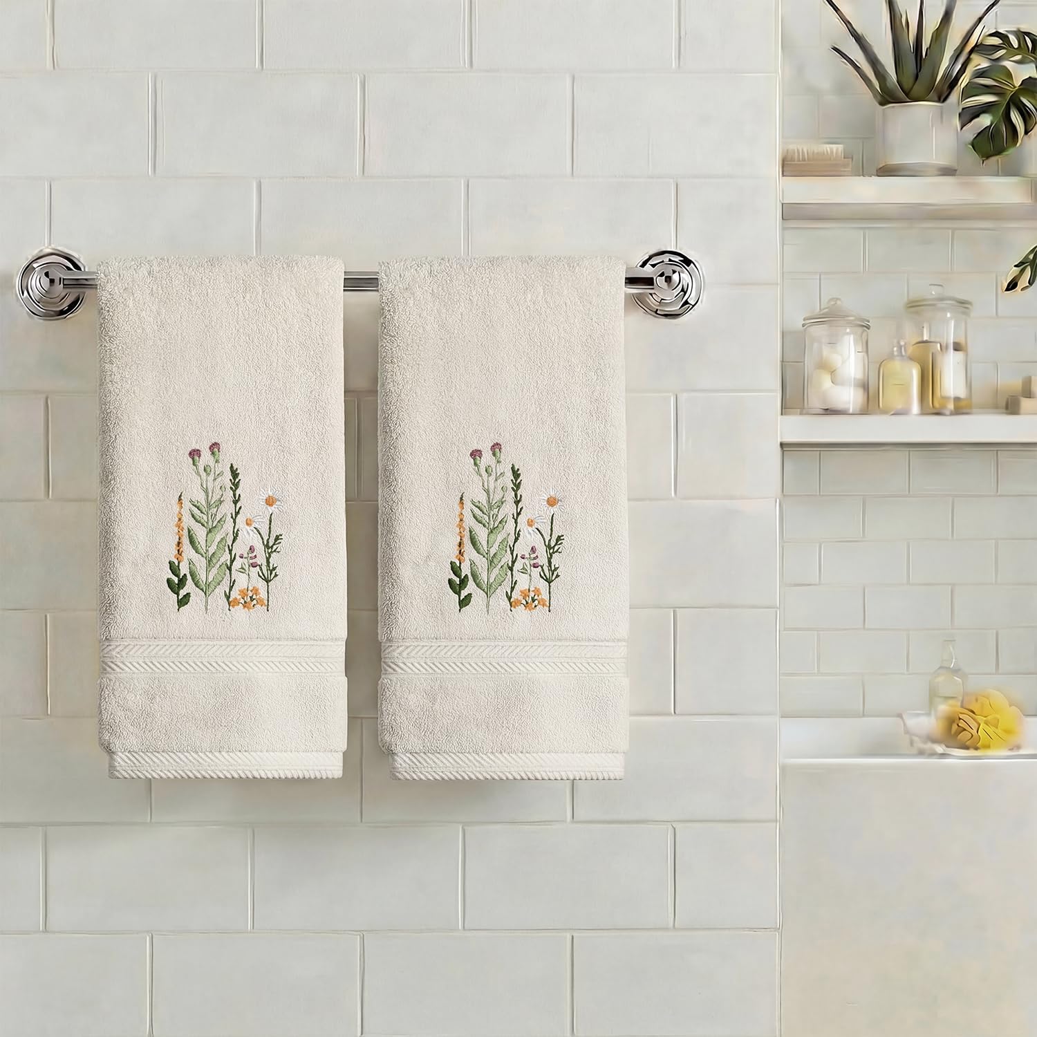 Artoid Mode 2 Pcs Beige Wildflower Floral Embroidered Hand Towels for Bathroom, 100% Cotton Soft Absorbent Farmhouse Decor Towels, 13.7 x 29.5 Inch
