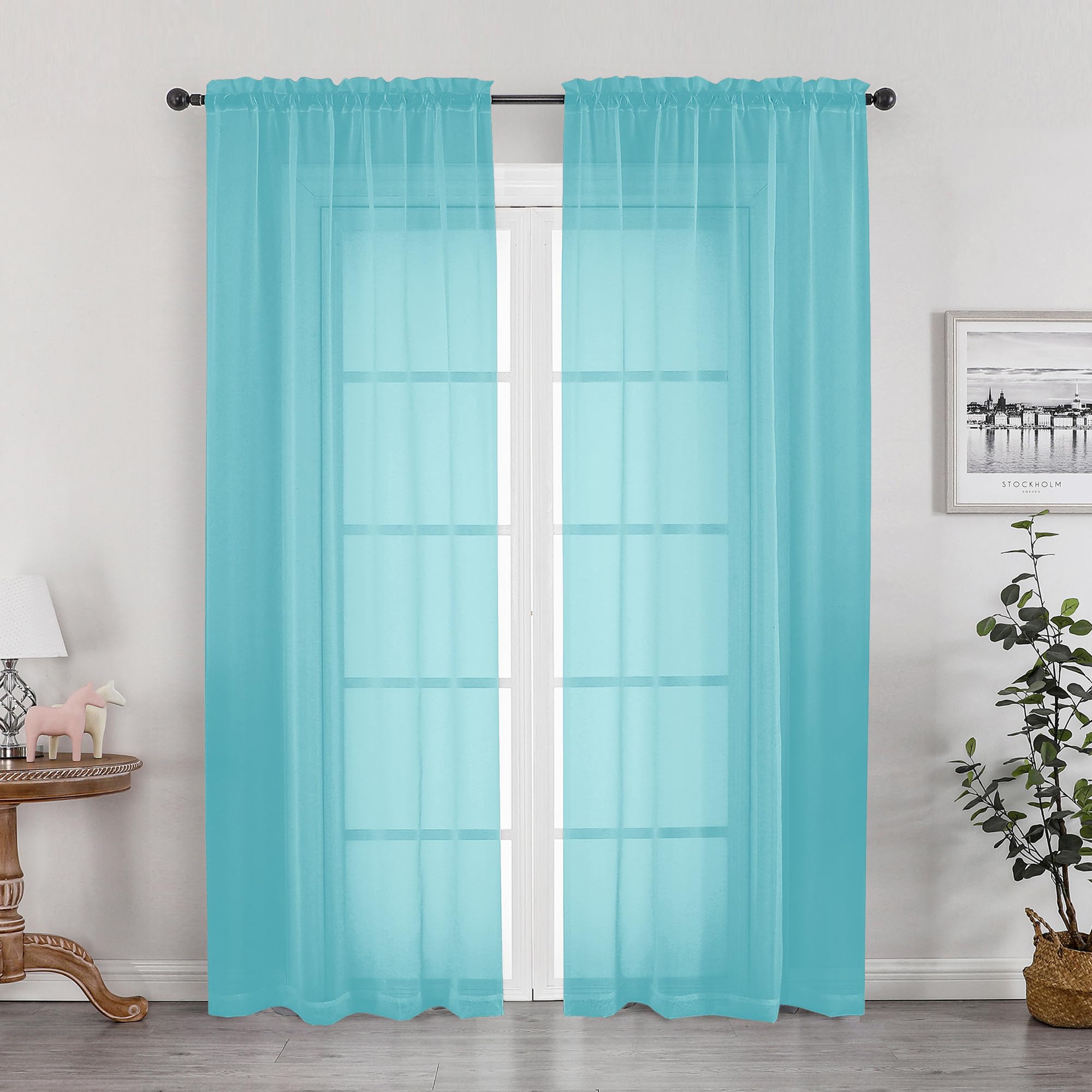 Sheer Aqua Curtains for Bedroom Living Room 78 Inches Long 2 Panels Set, Soft Solid Light Filtering Sheer Curtain Rod Pocket Clear Drapes for Window Sliding Door, Aqua, Each 42 x 78 Inch