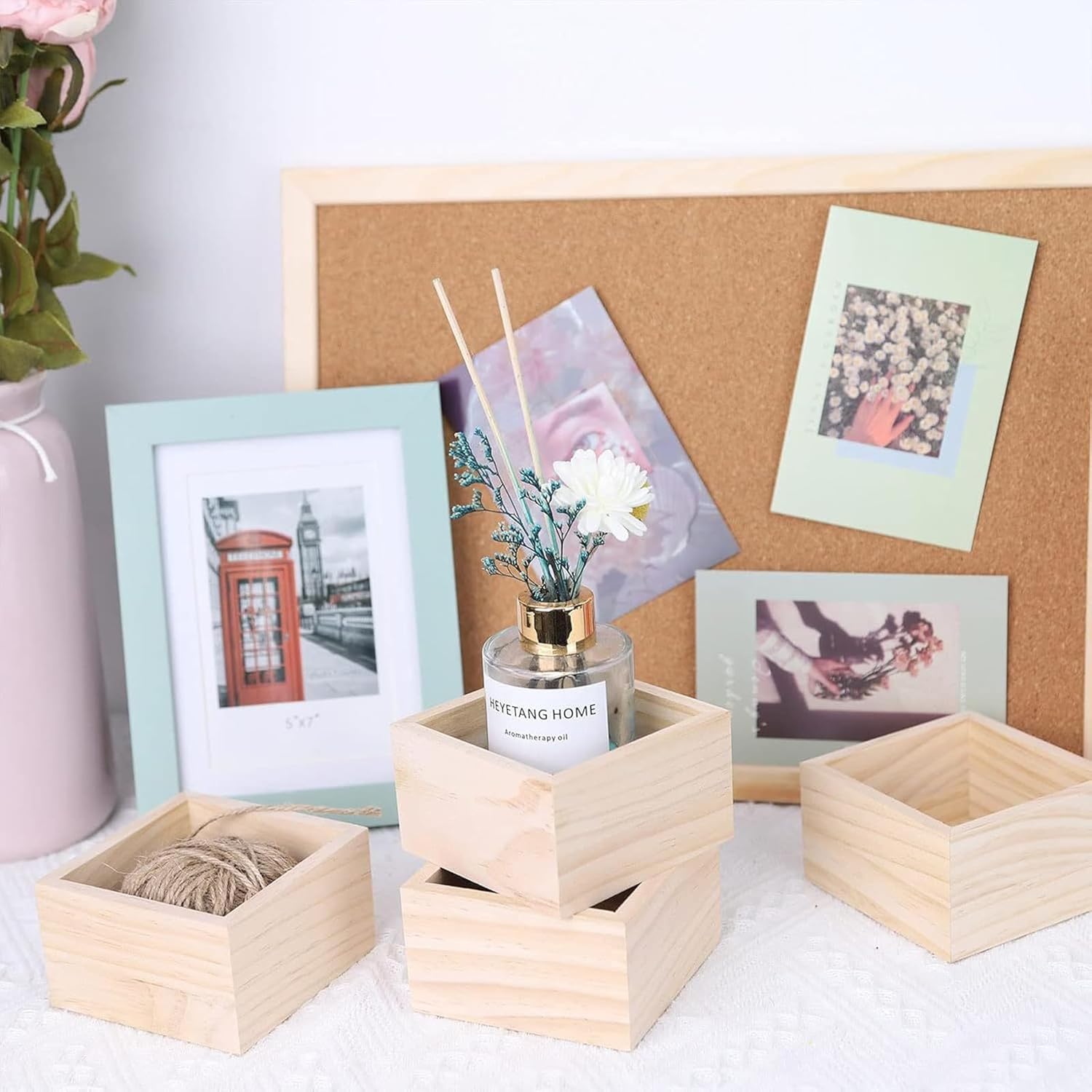 Anktily 4 Pack Unfinished Wooden Craft Storage Organiser Boxes, 6 x 6 x 2.4 inch Small Square Wood Box, Rustic Natural Wood Container Box for Home Venue Decor