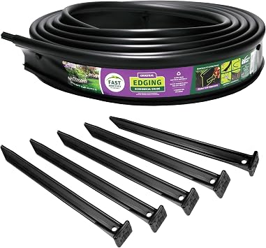Master Mark Original Plastic Landscape Edging Roll with 5 Anchoring Stakes, Flexible 20-Foot Coil for Gardens, Flower Beds, and Lawn, Garden Border, Black