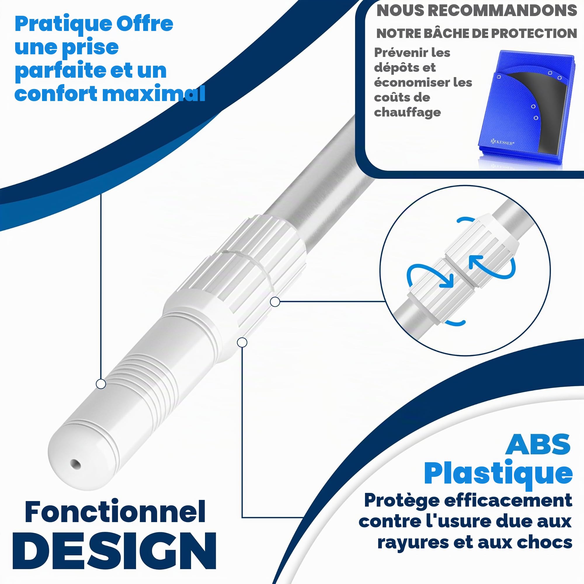 KESSER® Perche télescopique de Piscine en Aluminium Perche de Piscine | Tige pour Le Nettoyage de Piscine en 3 Parties | réglable de 1,20 m à 3,60 m | Résistant aux intempéries et Stable, Argent