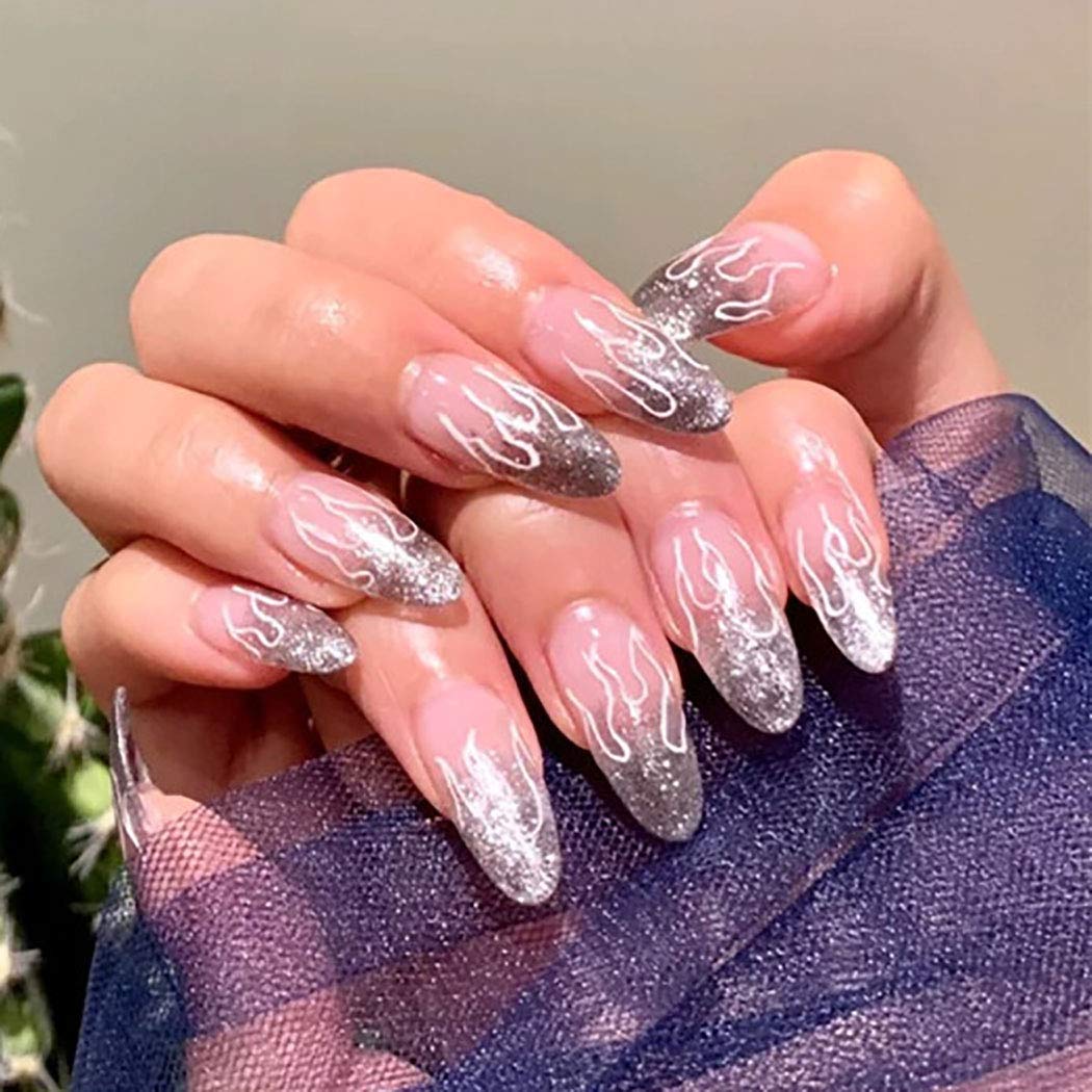 Amazon Com Sethexy Matte False Nails Almond Long Pink Black Glitter Fire Shape Press On 24pcs Full Cover Acrylic Art Nail Tips For Women And Girls Beauty Personal Care