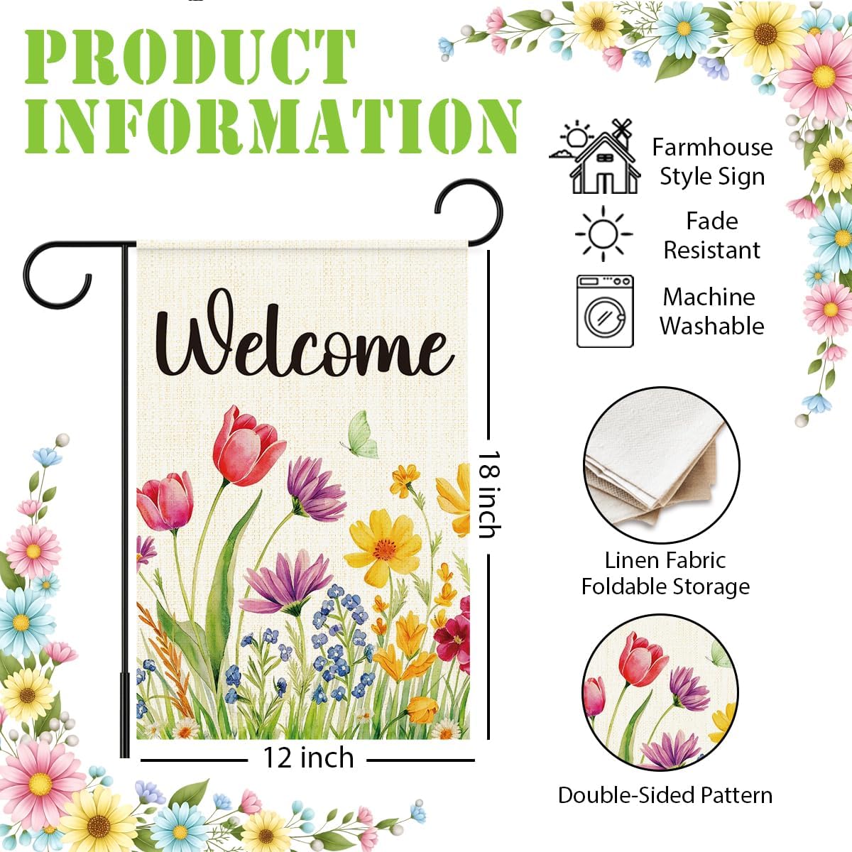 Welcome Spring Garden Flag, Spring Summer Flowers Garden Flag for Outside, Seasonal Colorful Floral Farmhouse Yard Lawn Porch Flags for Outside Decor 12x18 Inch Double Sided - Image 2